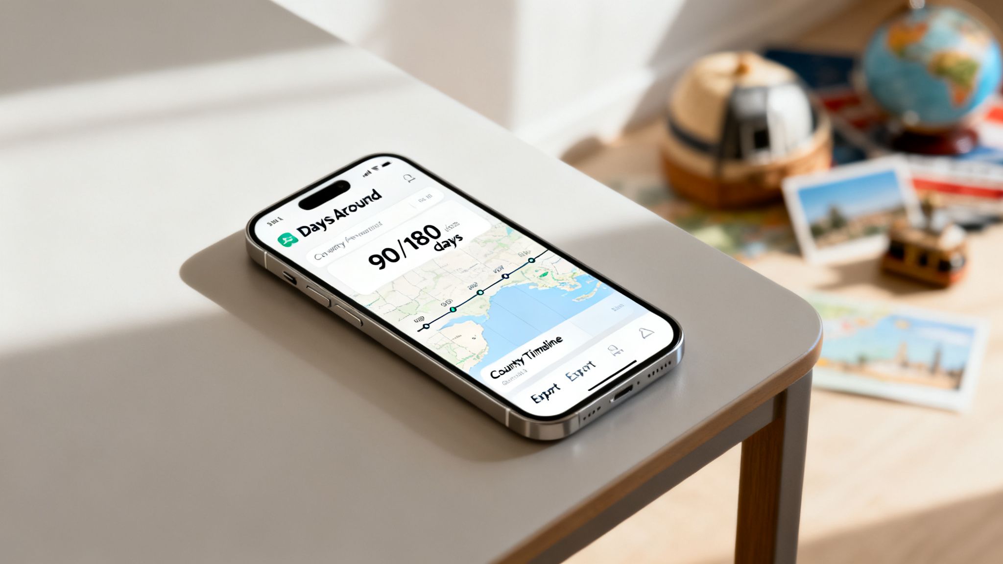 An iPhone displays a travel tracking app showing a map and '90/180 days' counter, on a table.