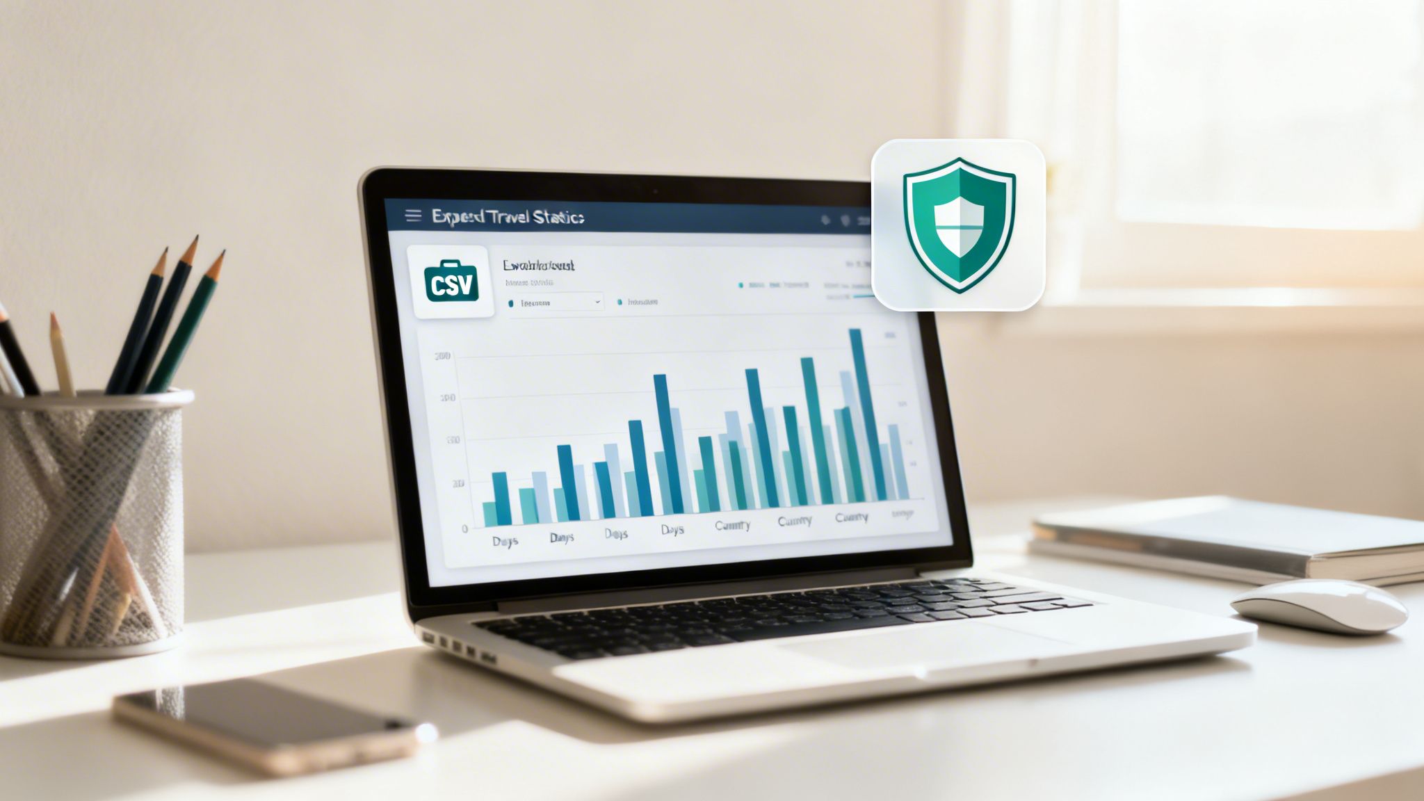 A laptop displays a travel statistics dashboard with a security shield icon on a bright desk.