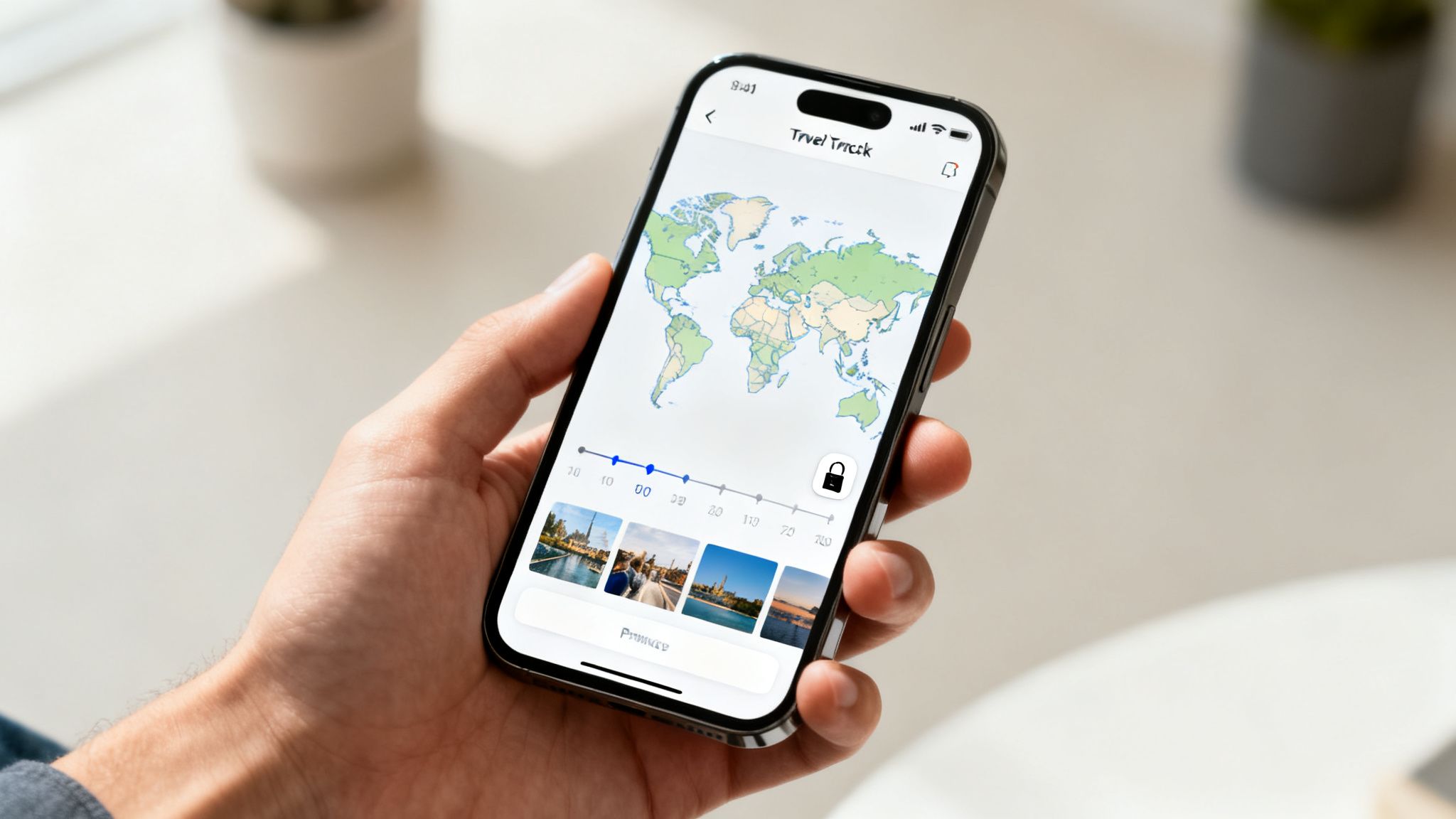 A hand holds a smartphone displaying a travel tracking app with a world map and photos.