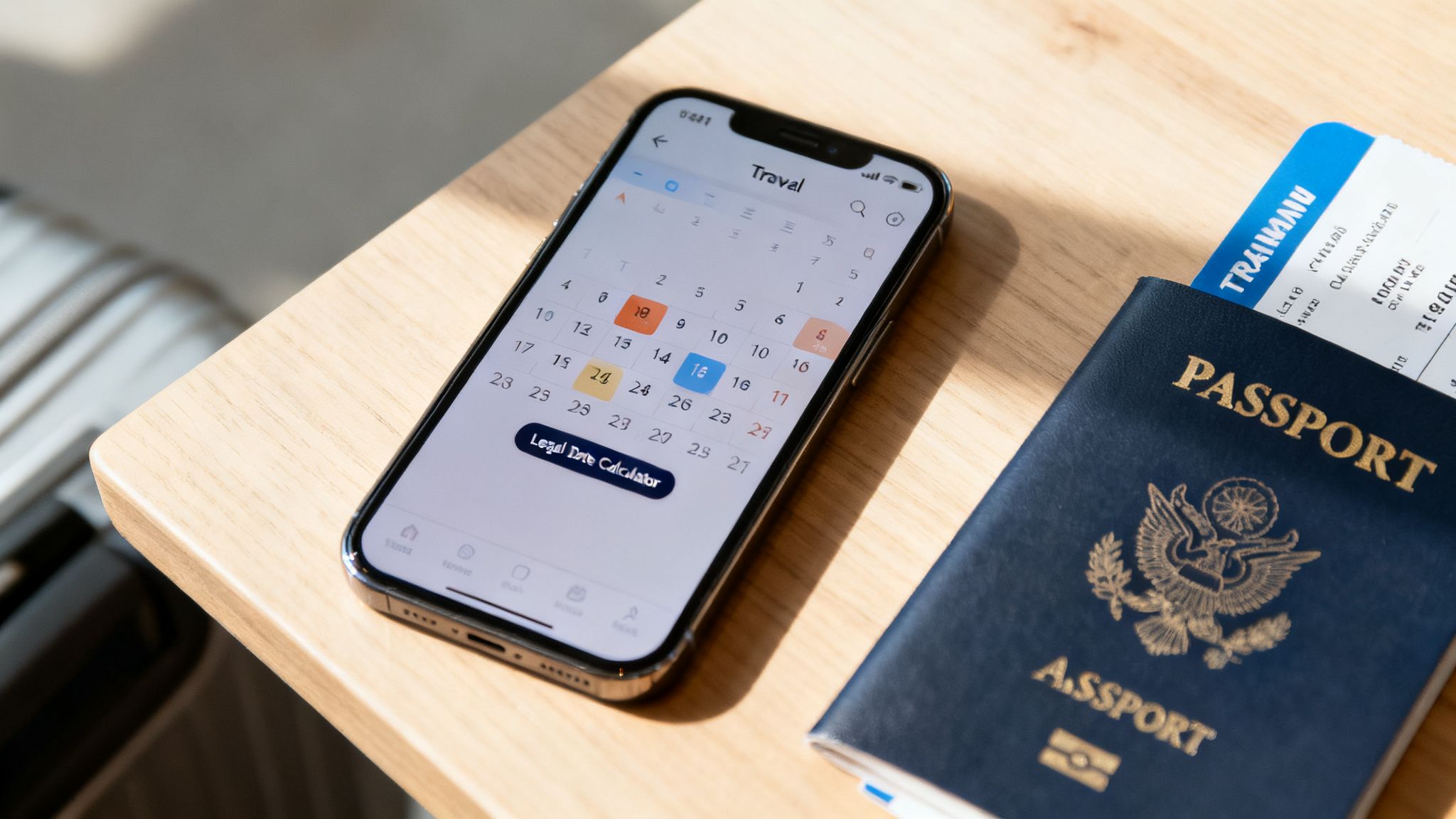 A smartphone displaying a travel calendar app, next to a US passport with a ticket.