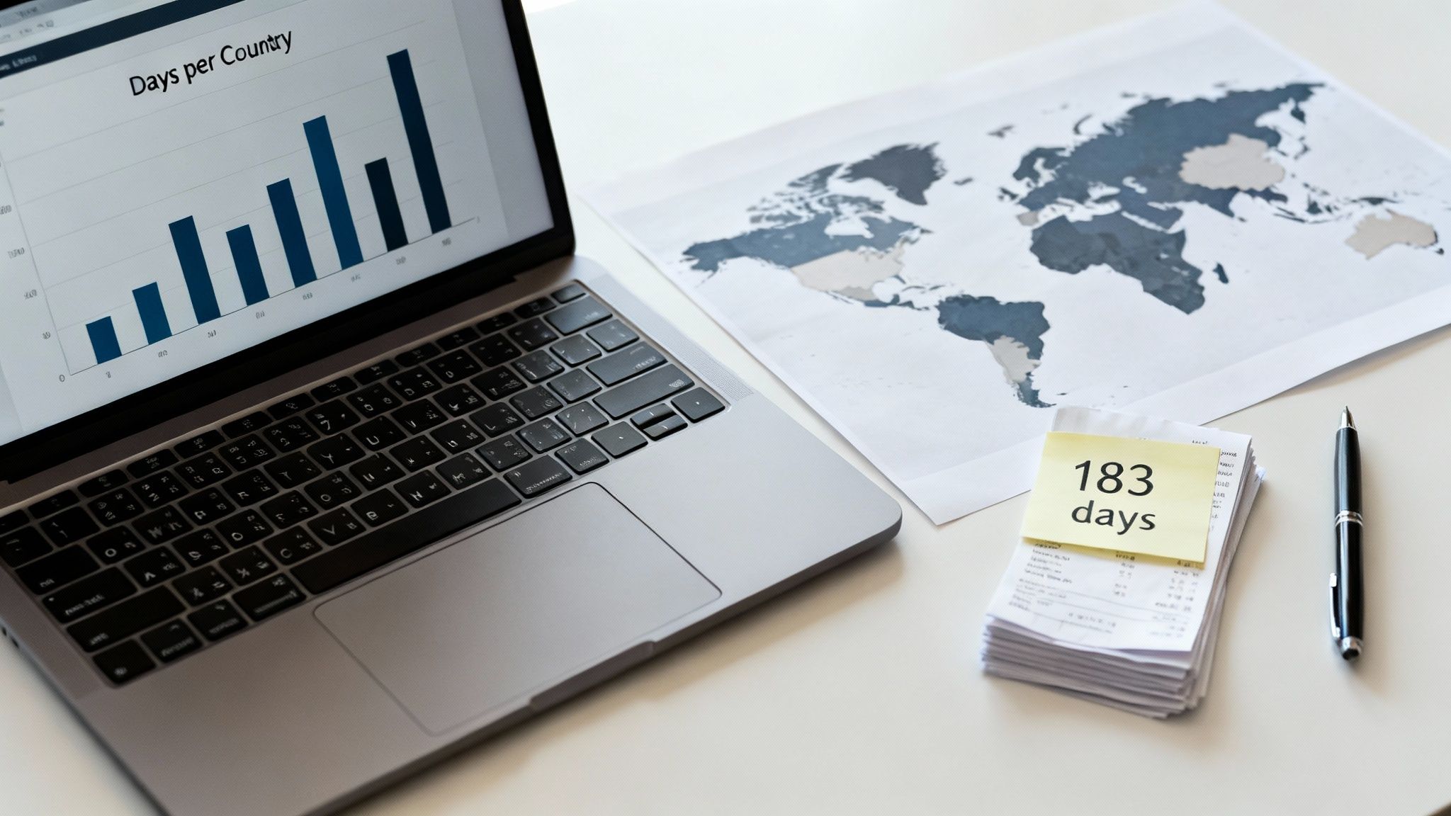 Desk with laptop displaying a 'Days per Country' chart, a world map, and a note '183 days'.