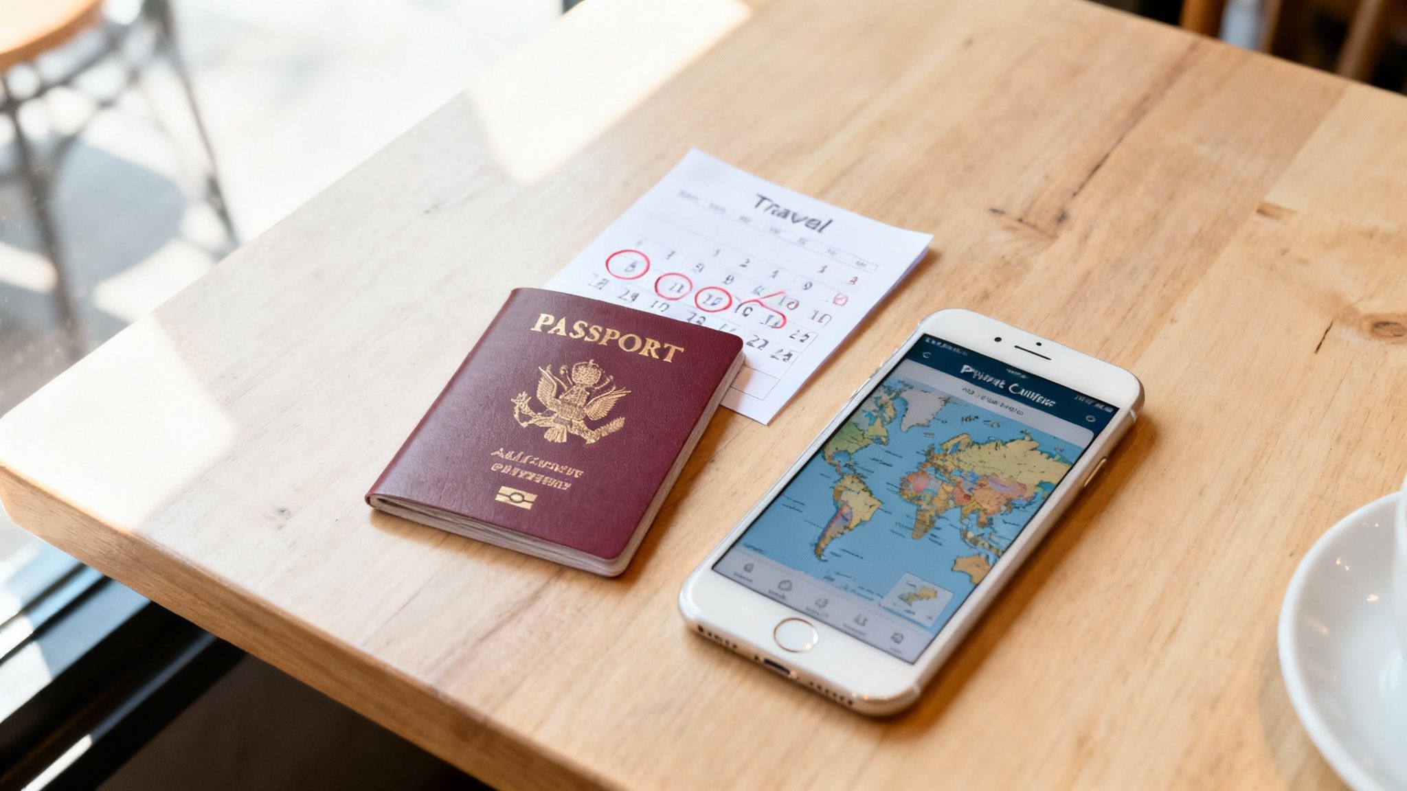 A passport, travel calendar, and phone displaying a world map on a wooden table.
