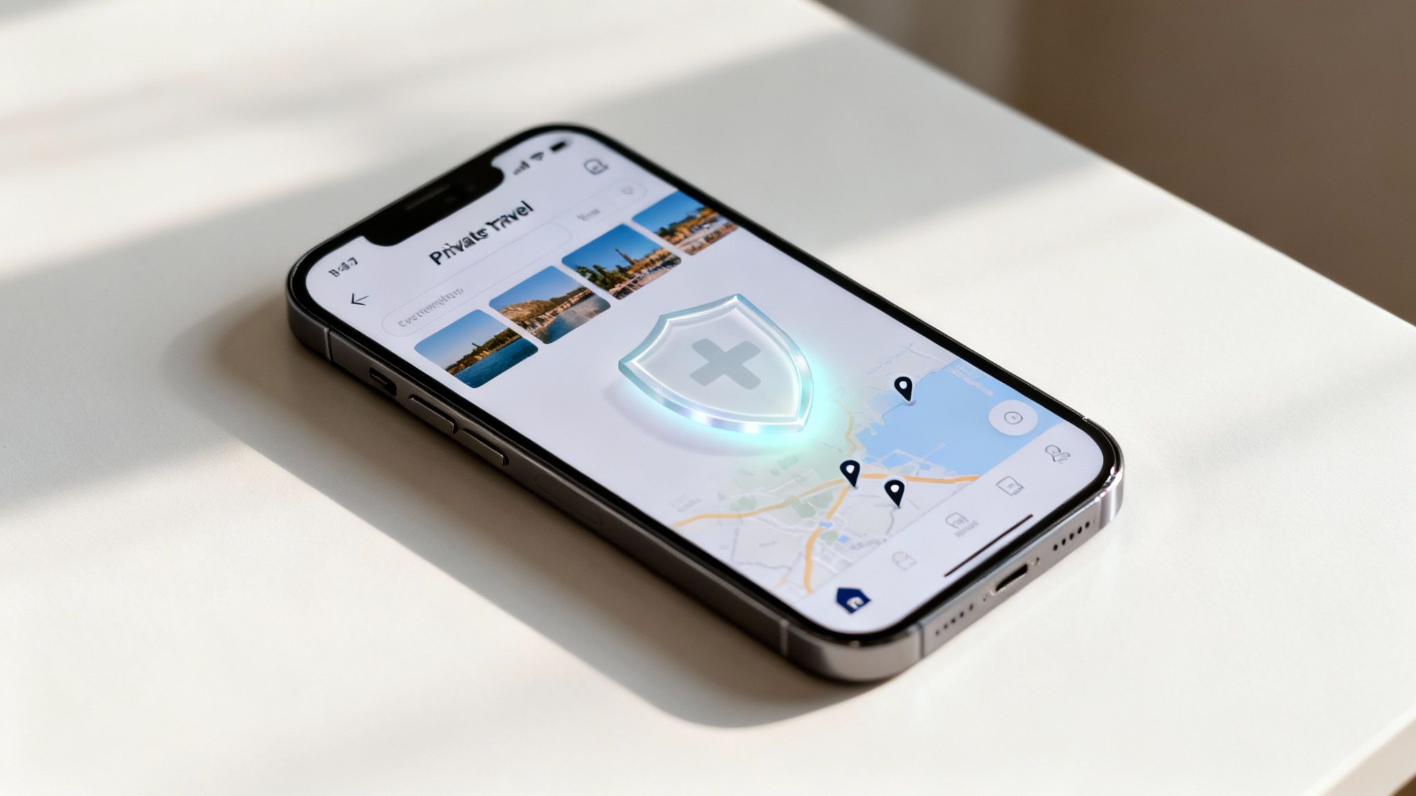 A smartphone displays a travel app with a map, scenic images, and a prominent glowing health shield icon.