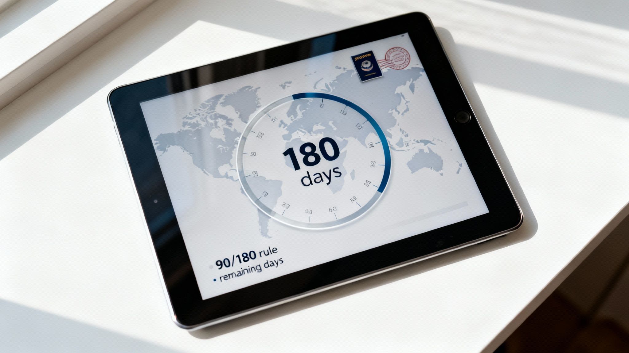 A tablet displays a visa calculator app showing '180 days', a world map, and a passport.