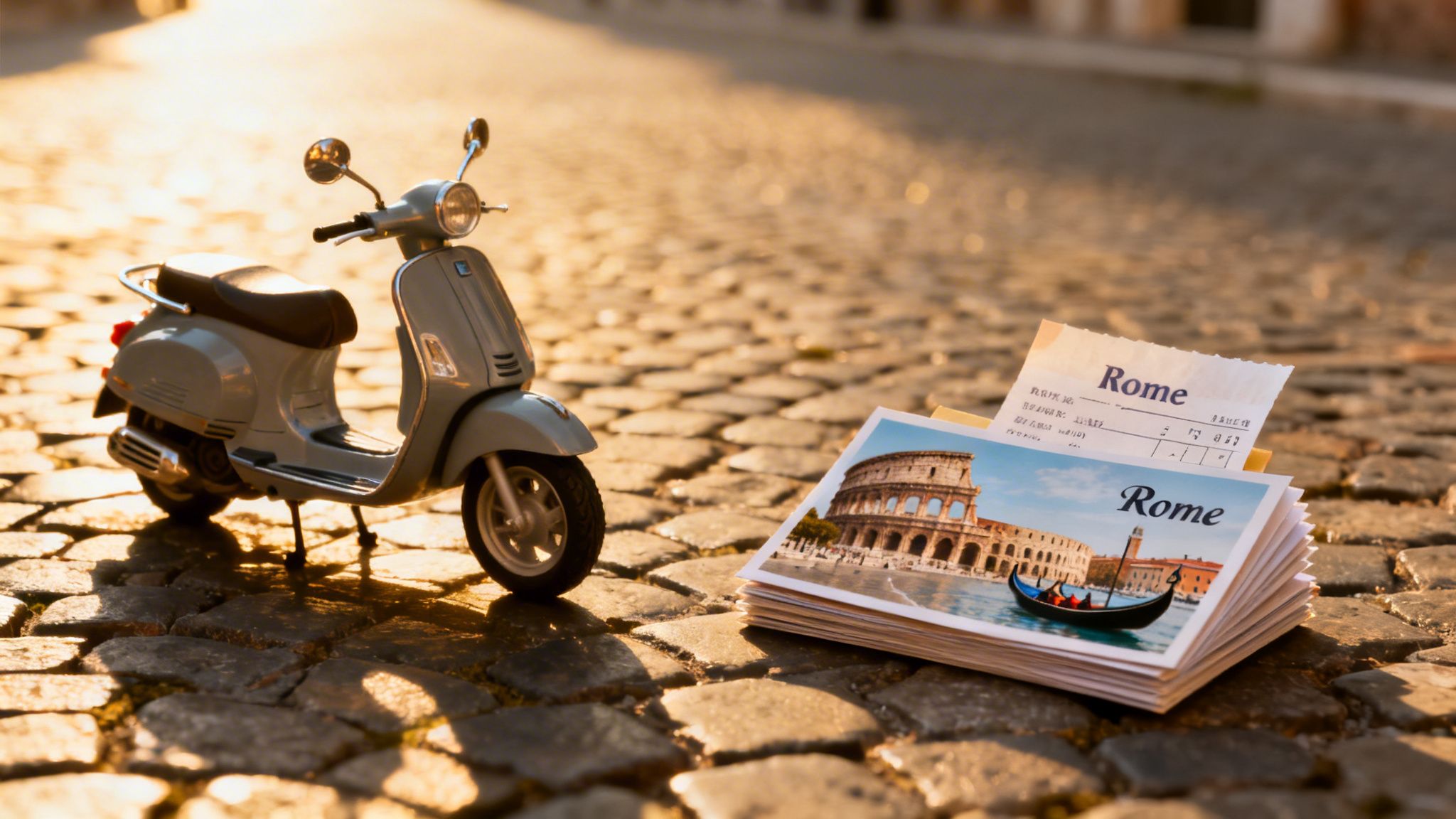 A miniature Vespa scooter and a stack of travel postcards about Rome on a sunny cobblestone street.