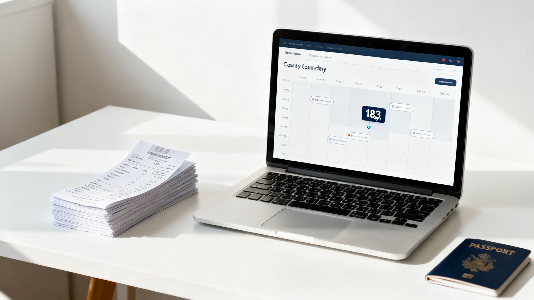 A laptop on a white desk displays a legal date calculator, beside a stack of receipts and a passport.