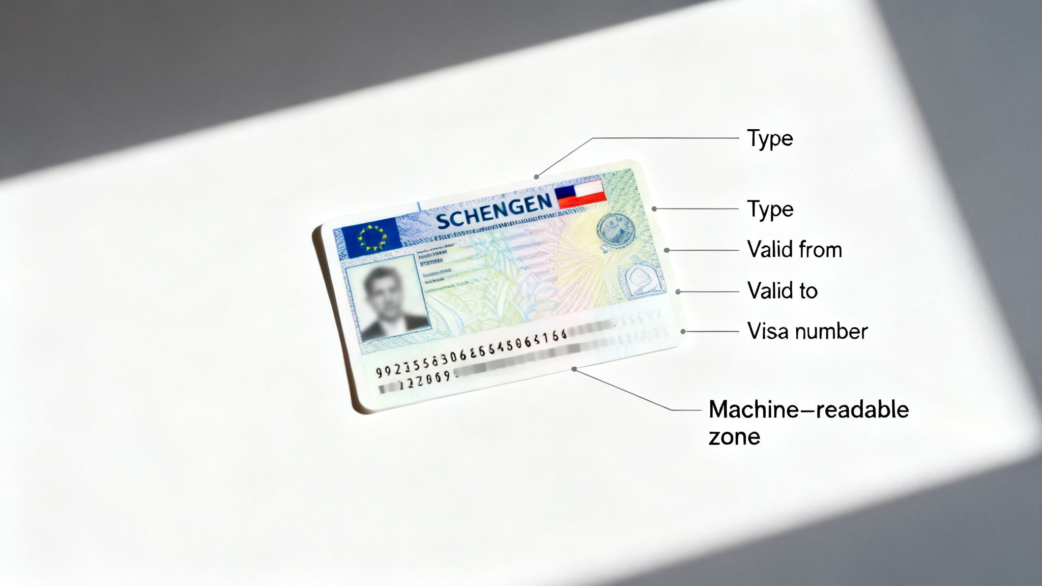 A Schengen visa card with labeled fields indicating type, validity dates, visa number, and a machine-readable zone.