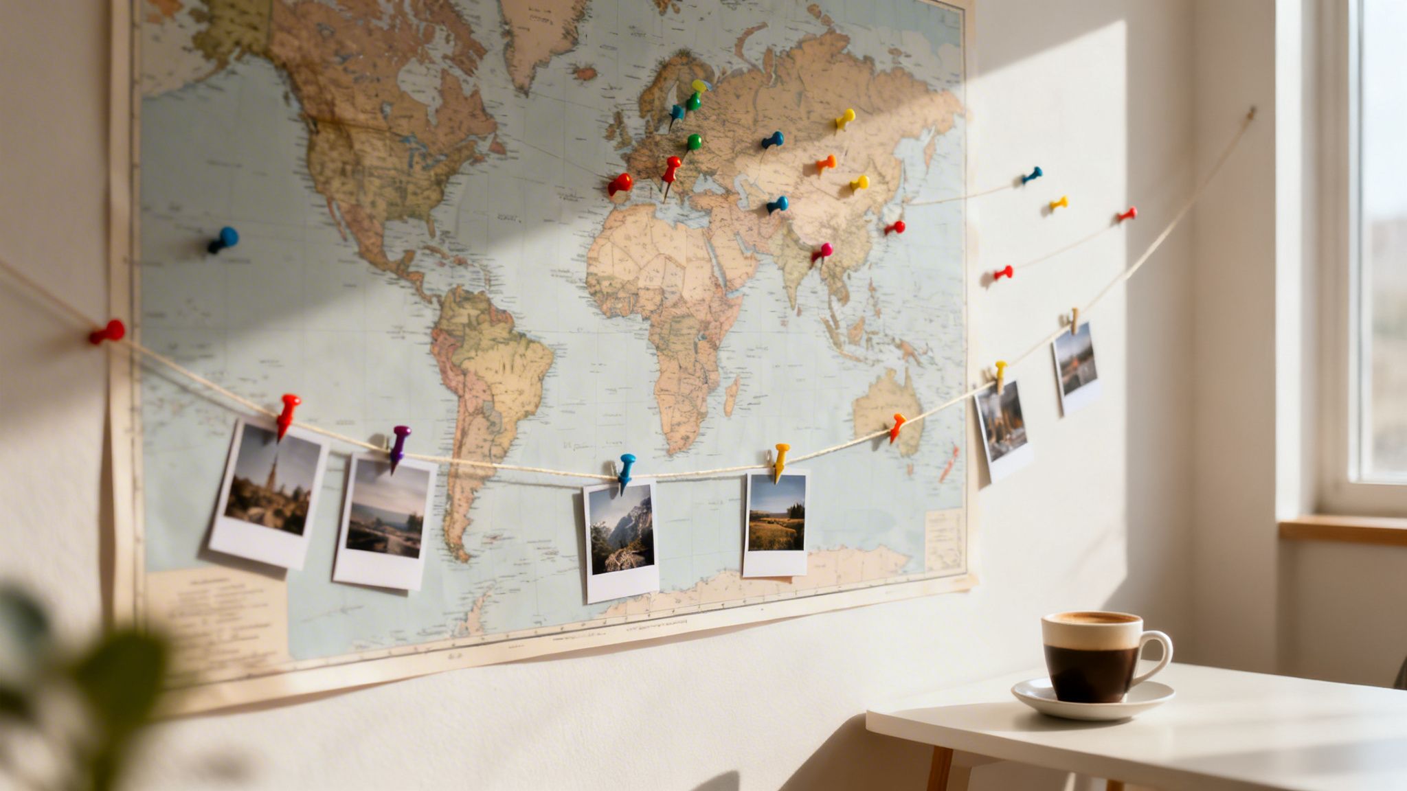 Travel-themed wall decor featuring a world map with pinned locations and attached travel photos, beside a coffee.