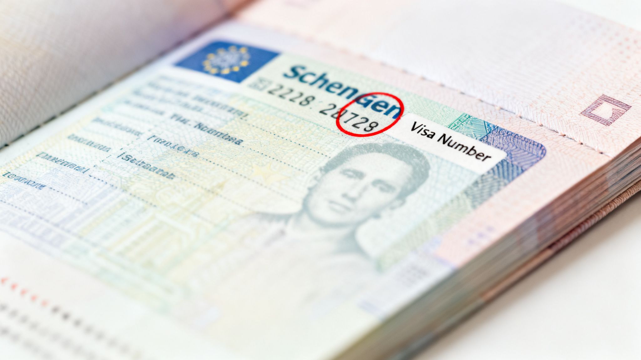Close-up view of an open passport page featuring a Schengen visa with the number highlighted.