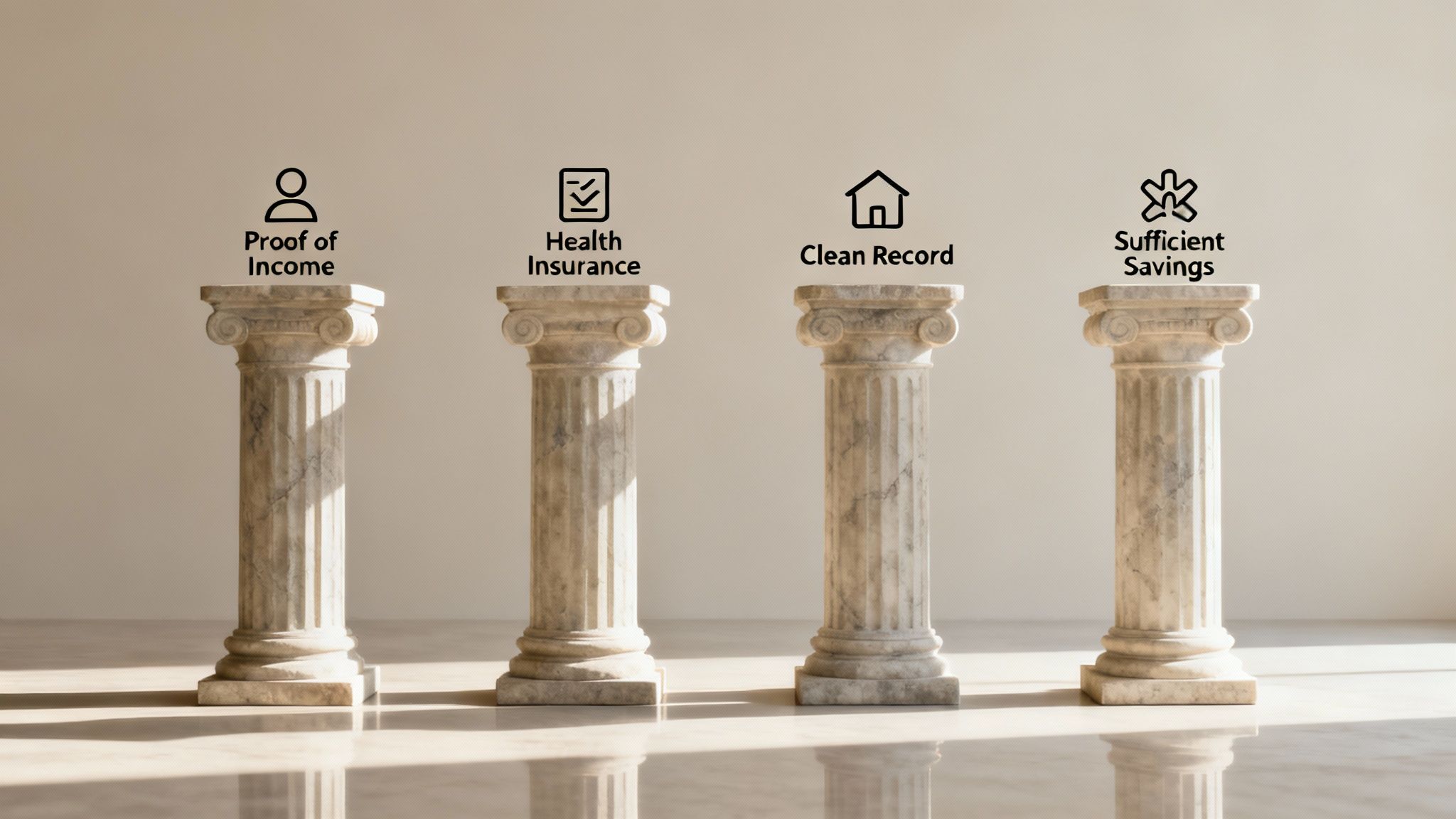 Four marble pillars symbolize digital nomad visa requirements: proof of income, health insurance, clean record, and sufficient savings.