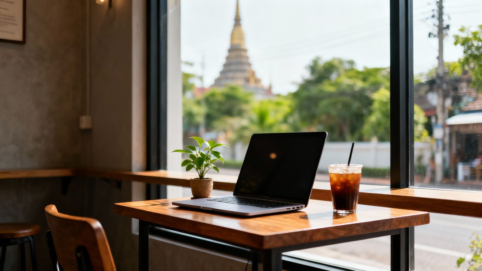 A digital nomad's workspace with a laptop, iced coffee, and plant on a table, overlooking a golden pagoda.