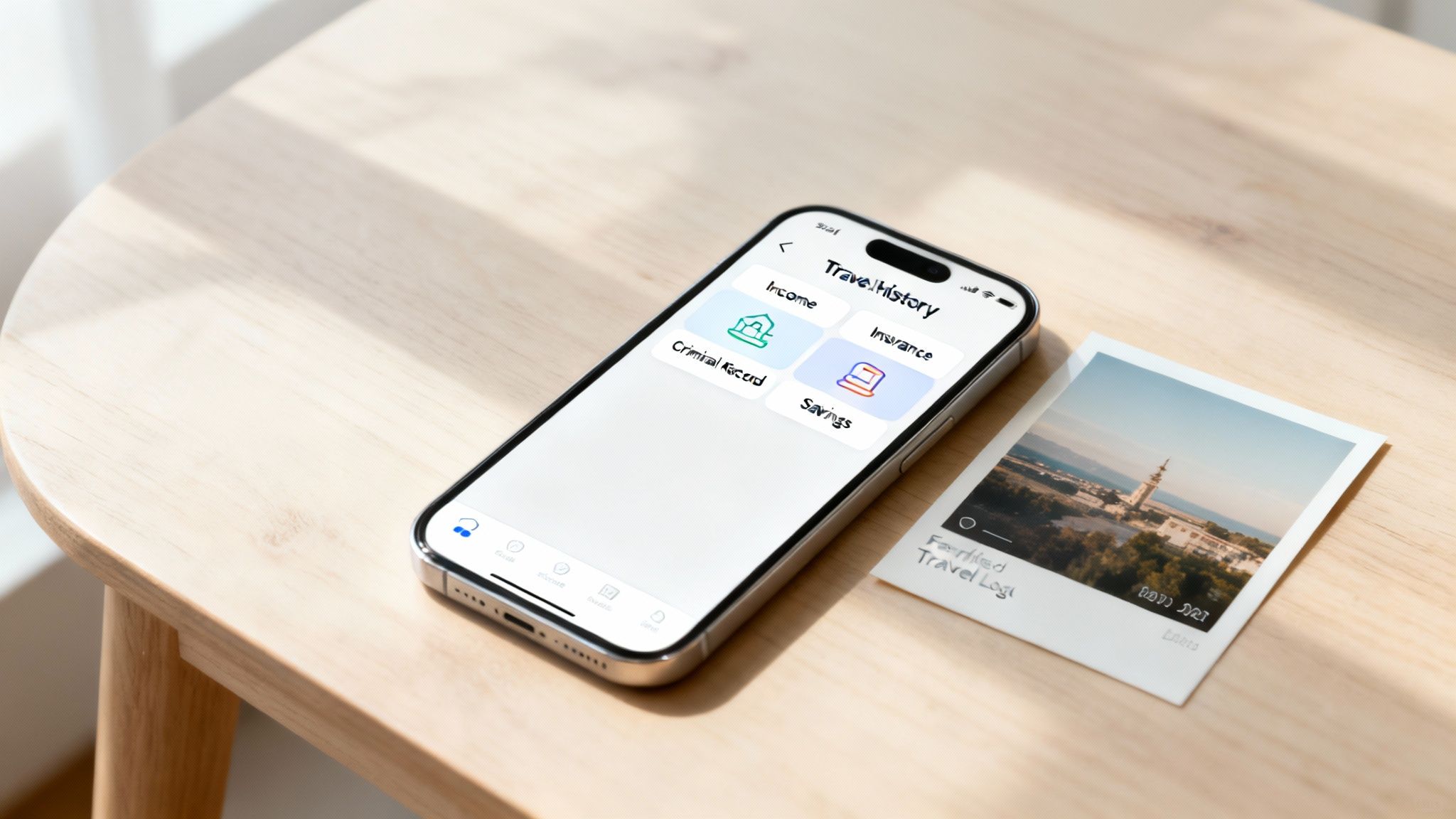 A smartphone displaying a 'Travel History' app next to a polaroid photo of a landscape on a wooden table.