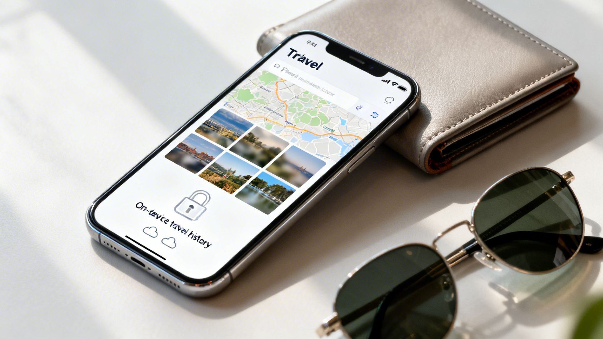 An iPhone displaying a travel app with a map and photos, next to a wallet and sunglasses.