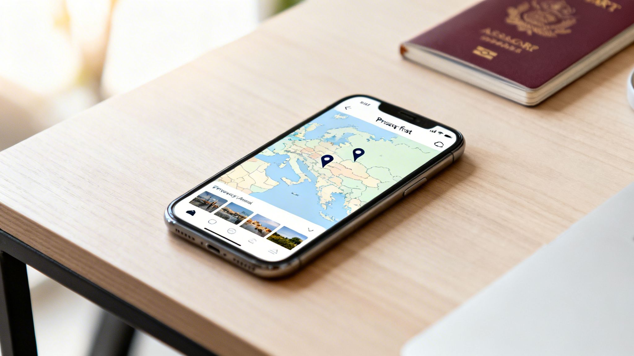 A smartphone on a wooden desk displays a travel map with two pinned locations and small photos, beside a passport.