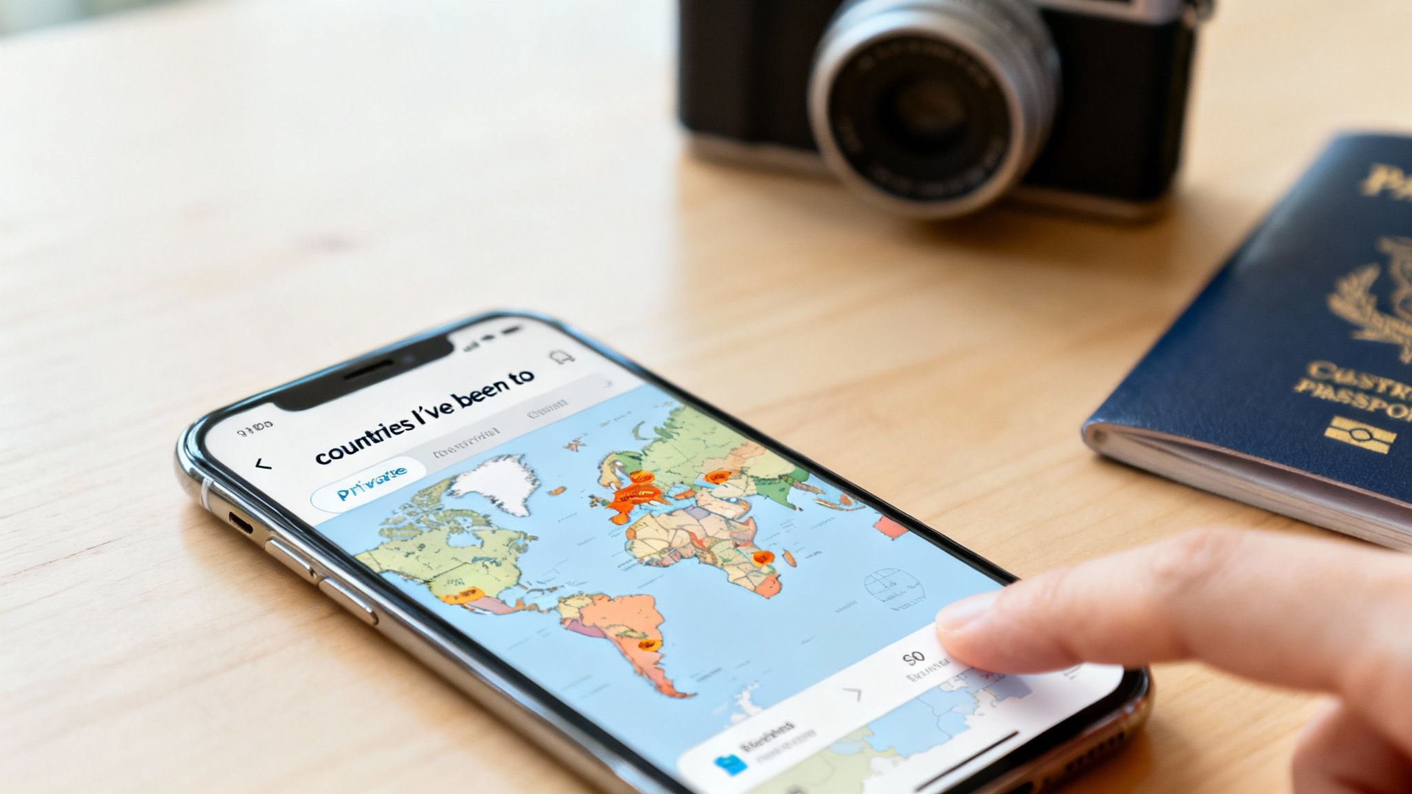 A person uses a smartphone to view a map of countries they have visited, next to a camera and passport.