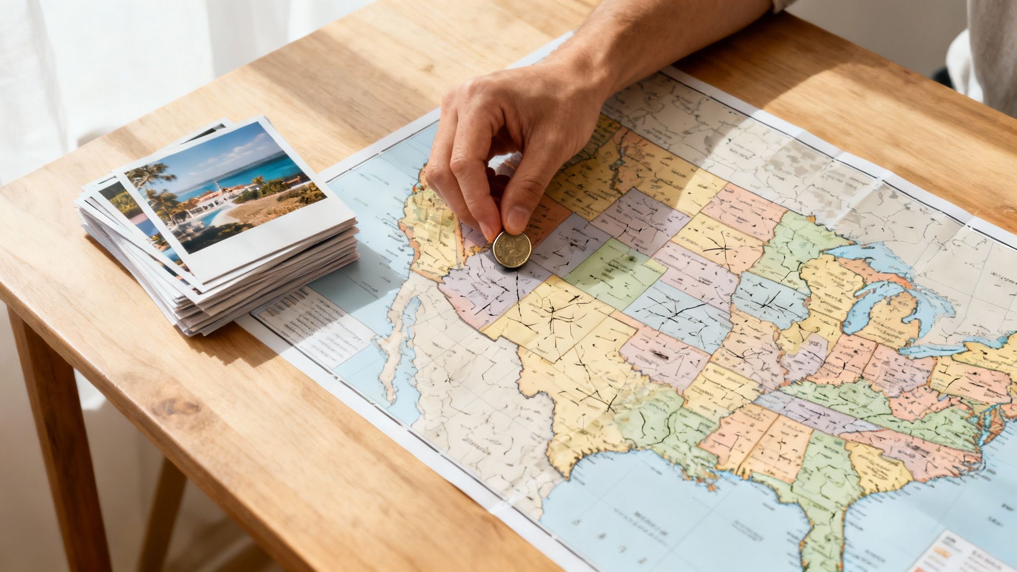 A hand places a coin on a United States map, beside a stack of travel photos.