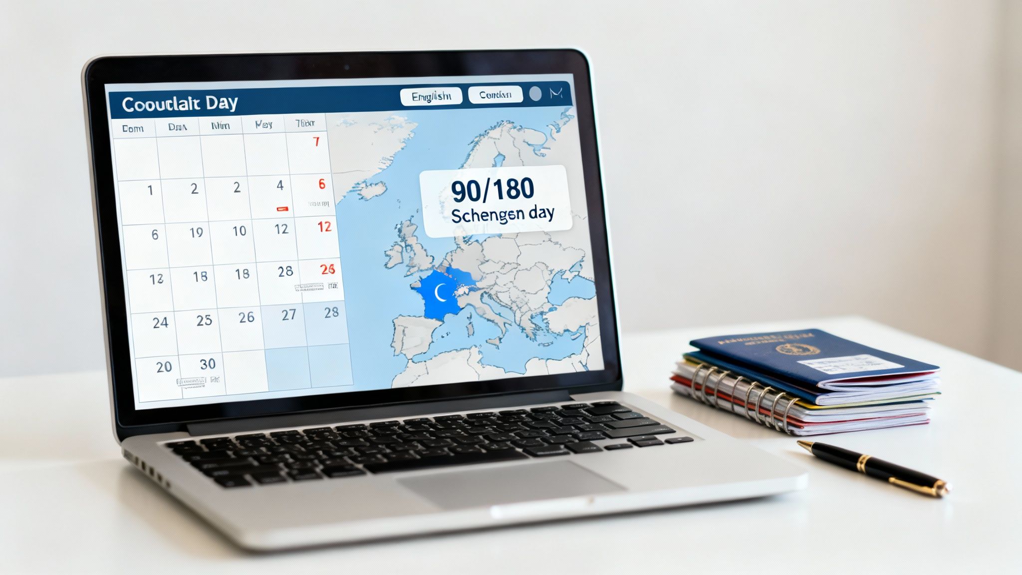 Laptop displaying a calendar and map of Europe with a Schengen visa tracker, alongside passports and a pen.