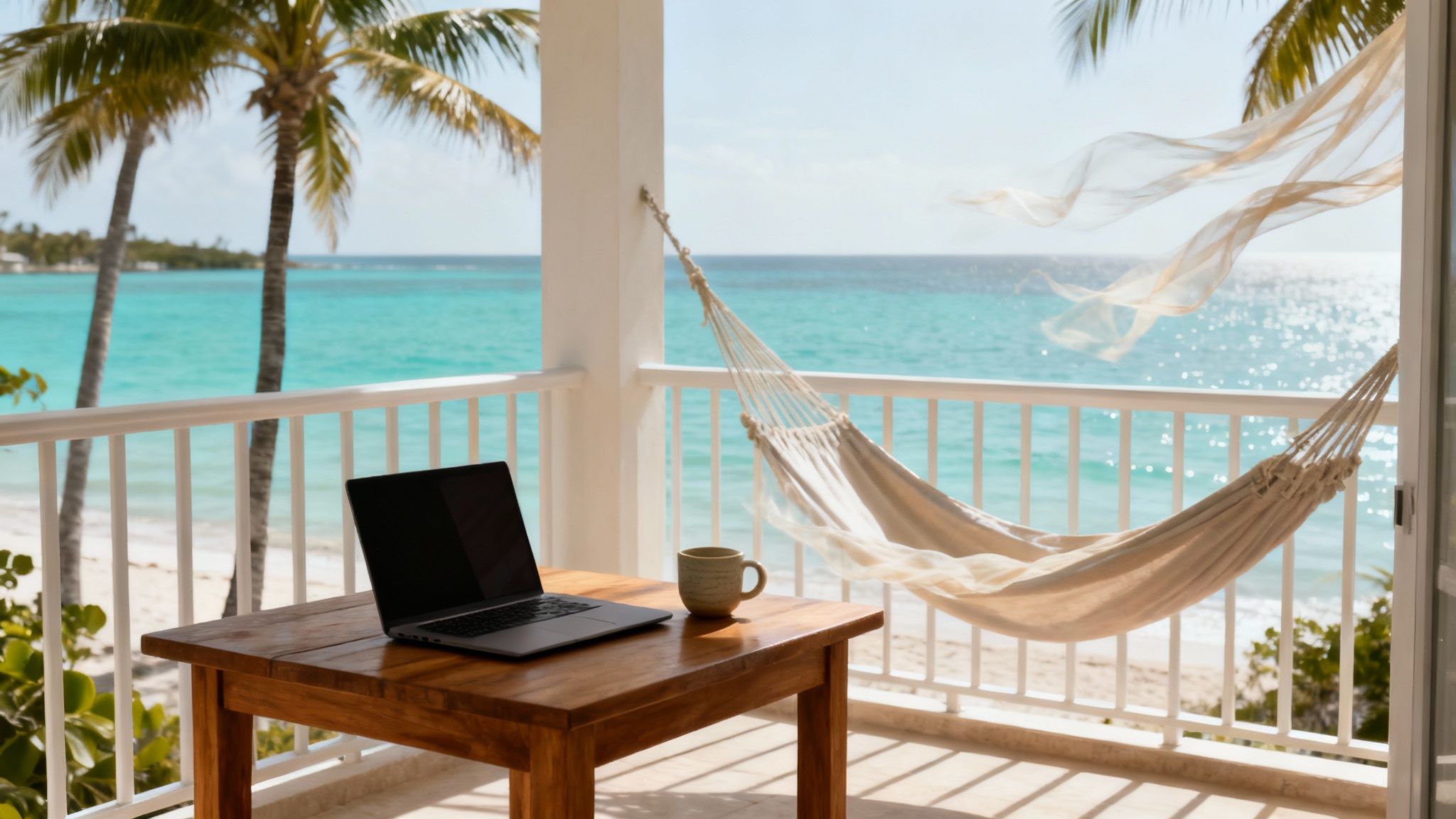 A laptop and coffee mug on a balcony overlooking a tropical beach, turquoise ocean, and a swinging hammock.
