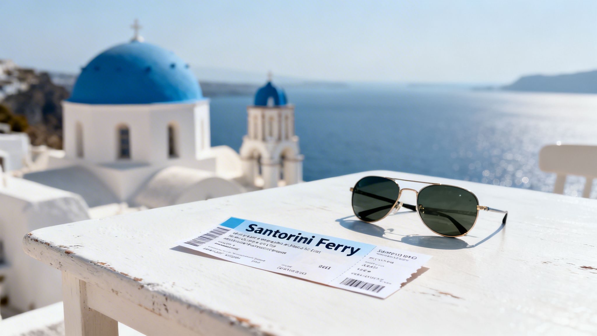 Santorini ferry ticket and sunglasses on a white table with a blue-domed church and sea.