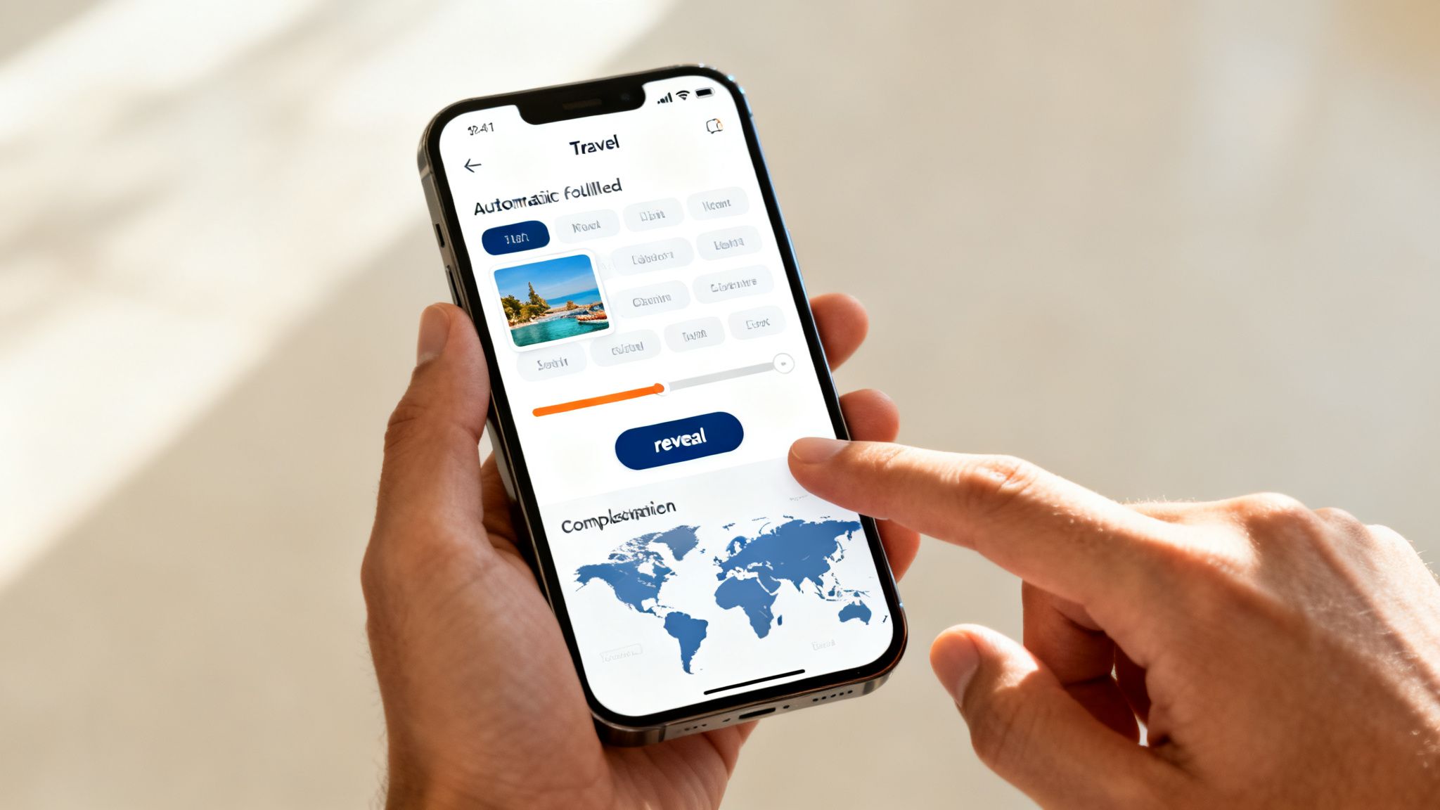 A hand holds a smartphone displaying a travel app interface with a world map and trip planning options.