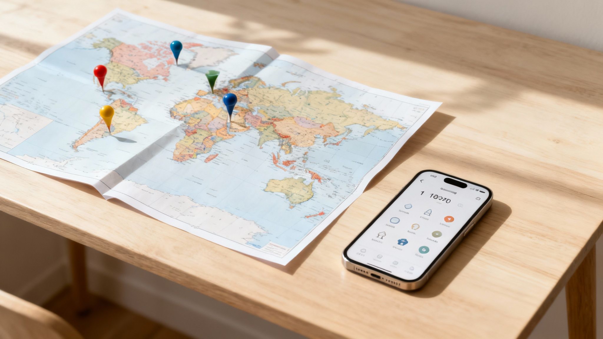 A world map with colorful pushpins on a wooden table, next to a smartphone displaying a travel tracking app.