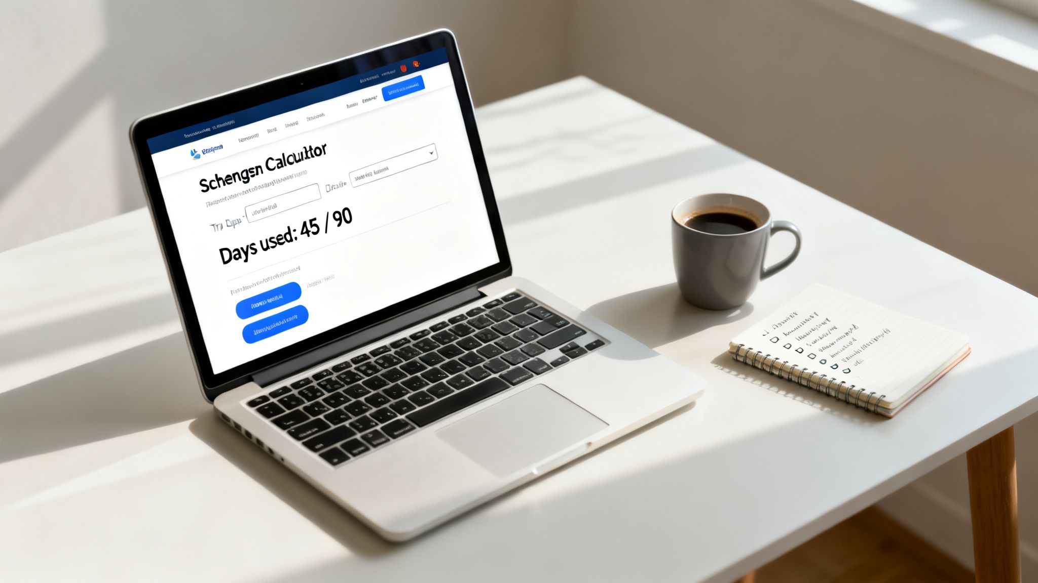 Laptop displaying a Schengen visa calculator, a coffee cup, and a notebook on a clean desk.