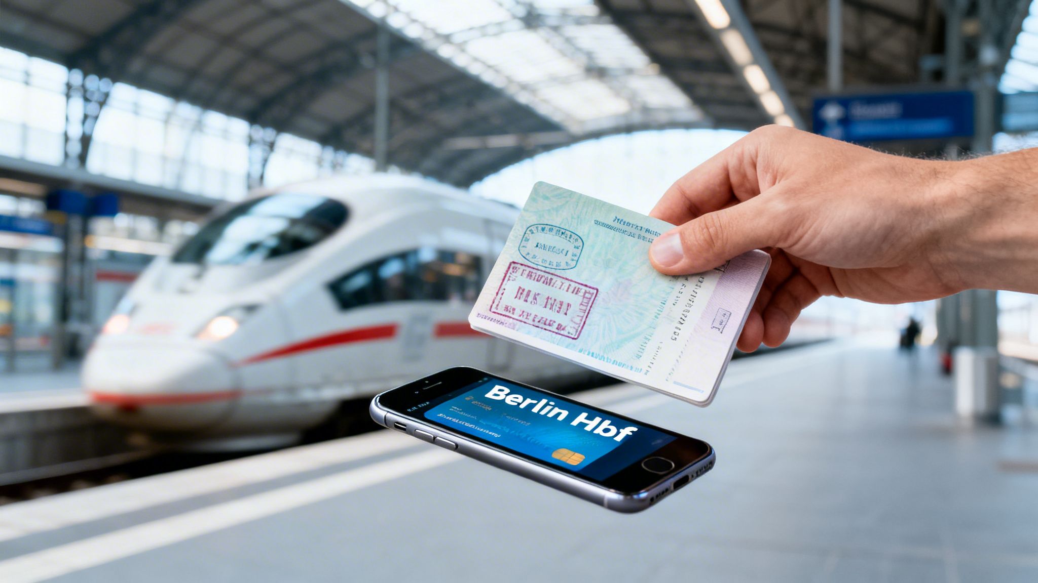 Hand holding a passport with entry stamps above a phone showing 'Berlin Hbf' at a train station.
