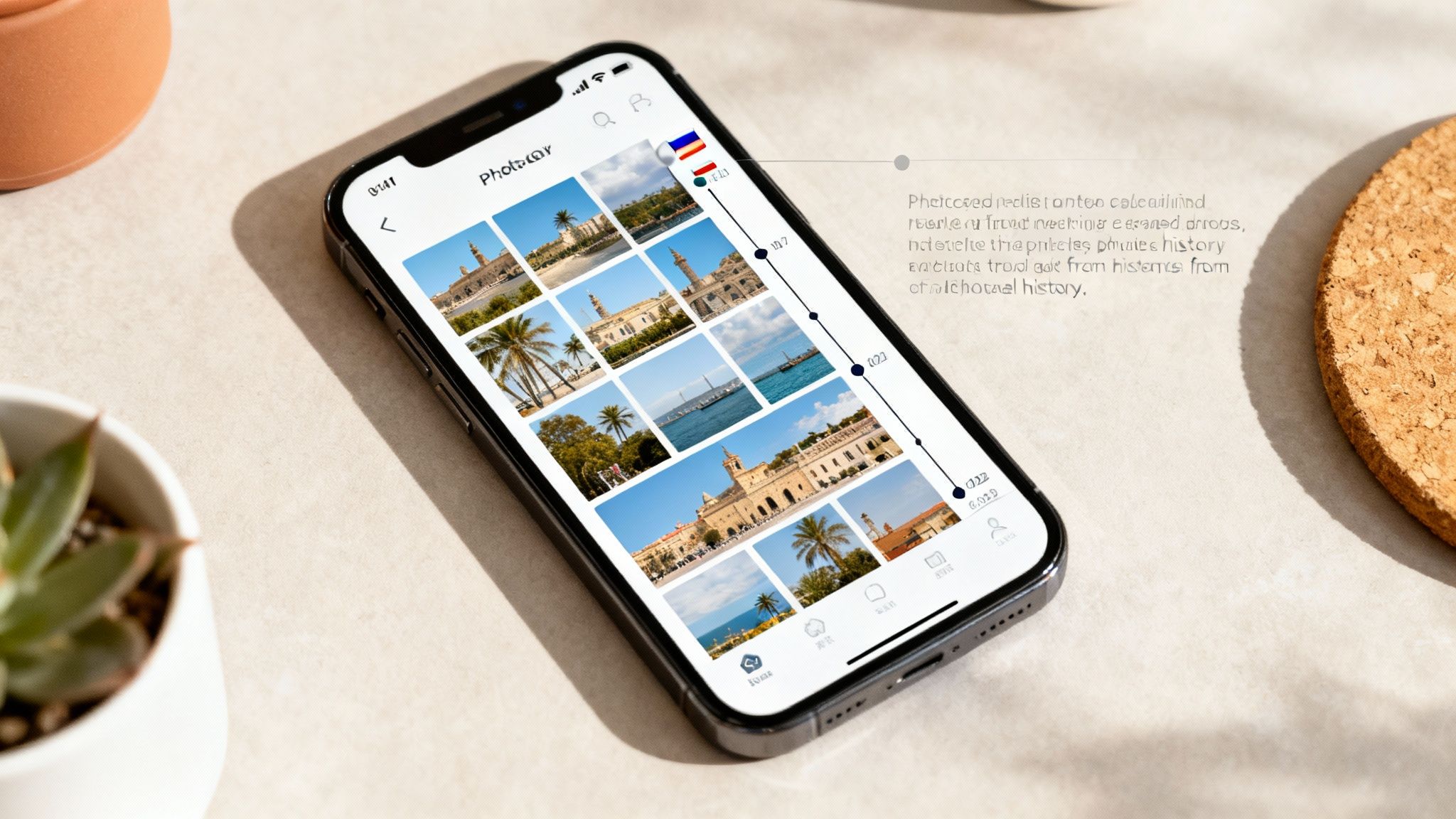 A smartphone displays a photo gallery app with a timeline, showcasing various travel pictures.