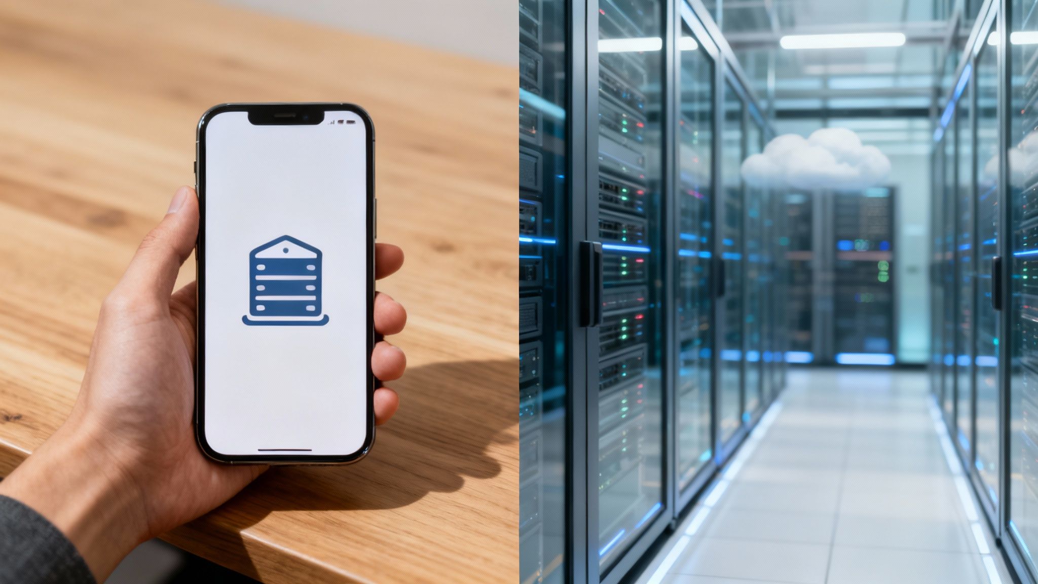 A hand holding a phone with a local storage icon next to a data center with a cloud, symbolizing cloud storage.