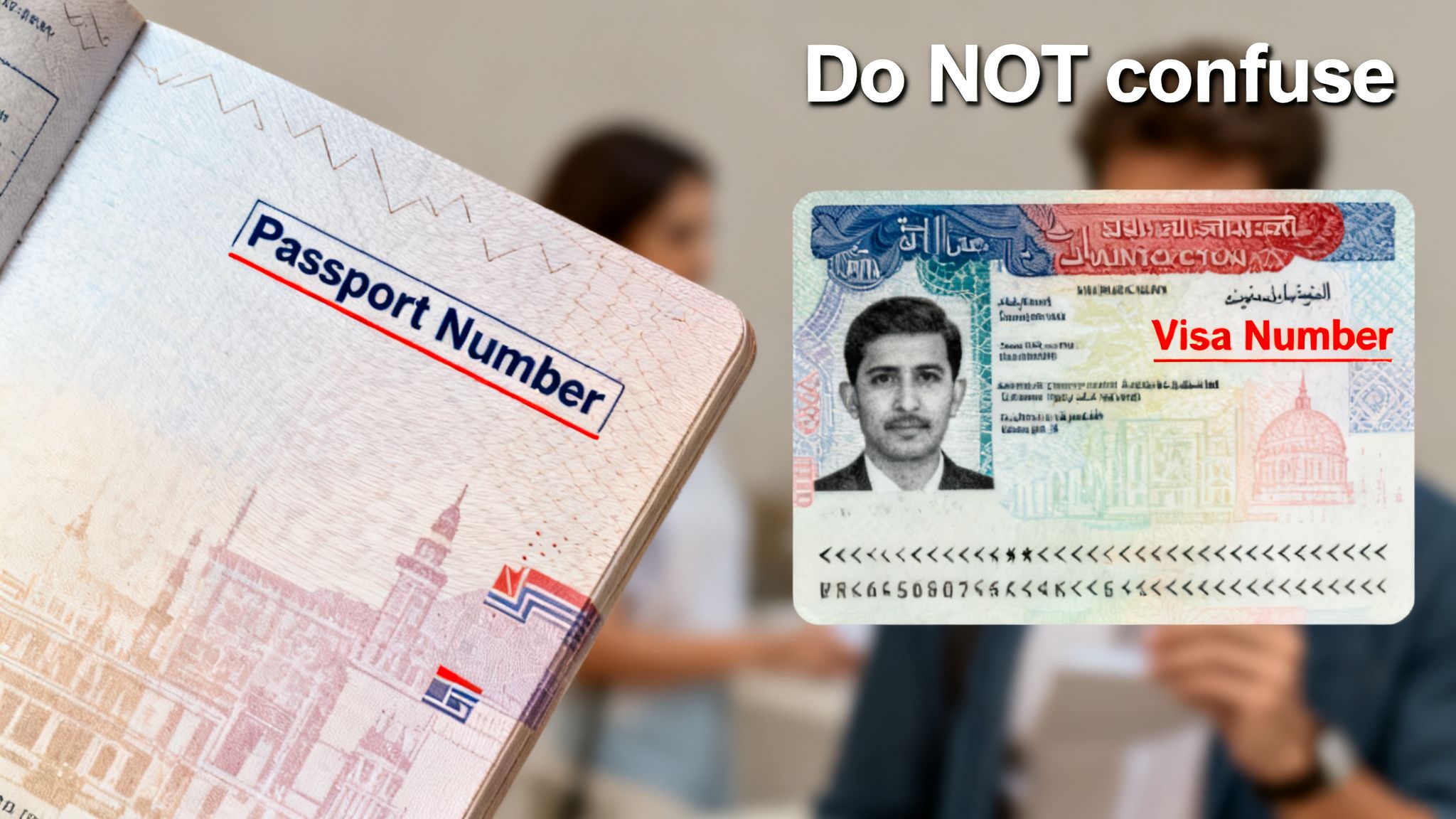 Passport and visa displayed side-by-side, clearly distinguishing between a passport number and a visa number.