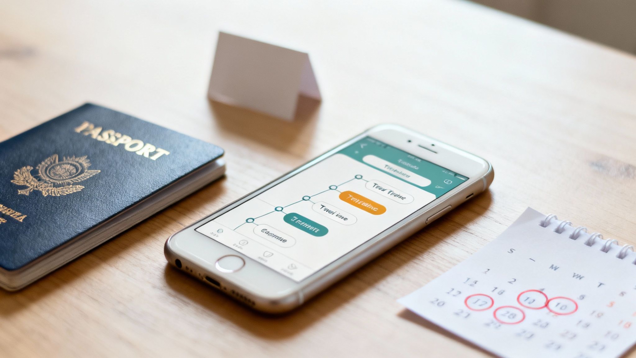 A passport, smartphone showing a timeline app, and calendar with circled dates on a wooden table.