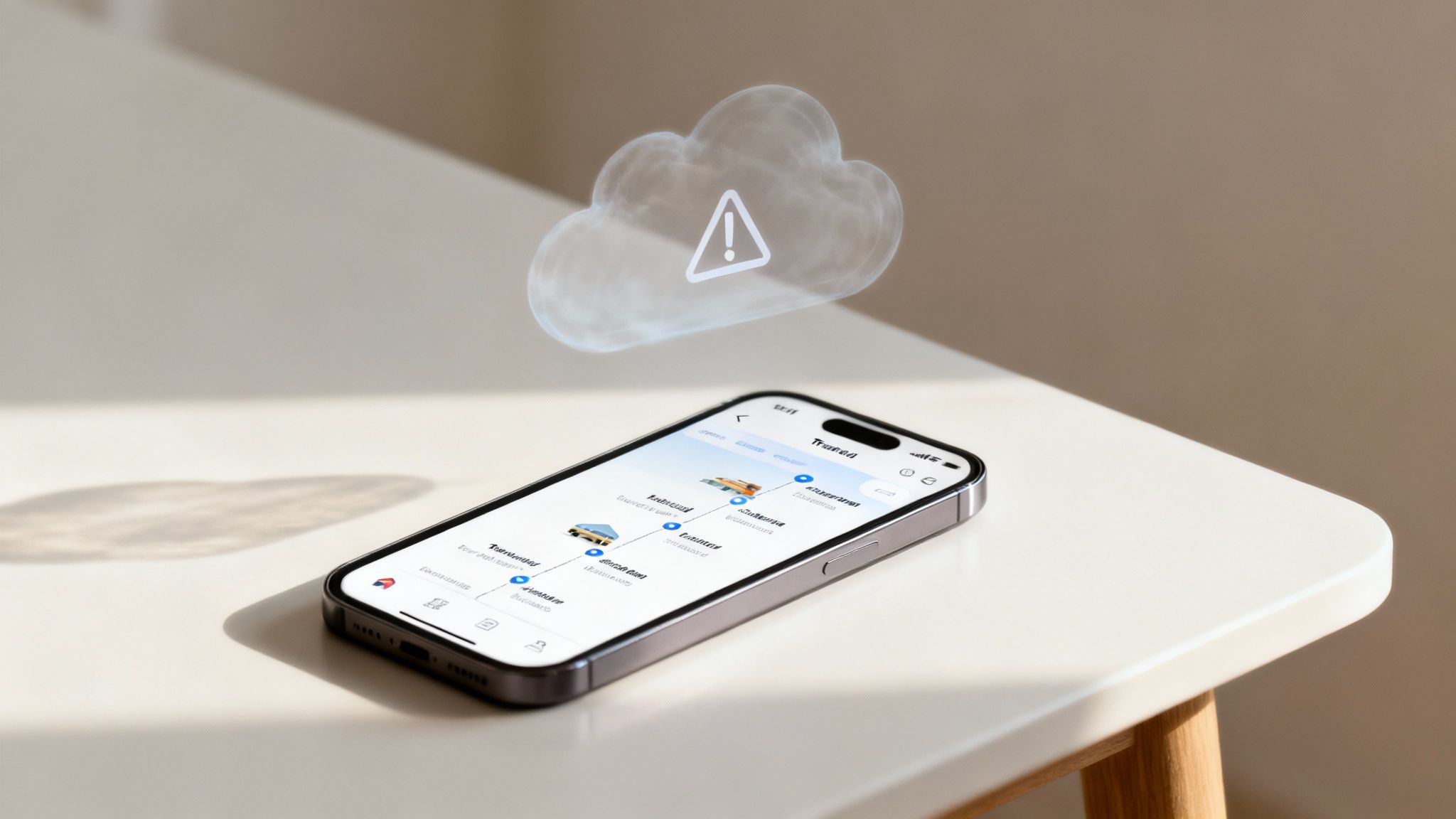 A smartphone on a table displays a route, while a holographic cloud with an exclamation mark hovers above.