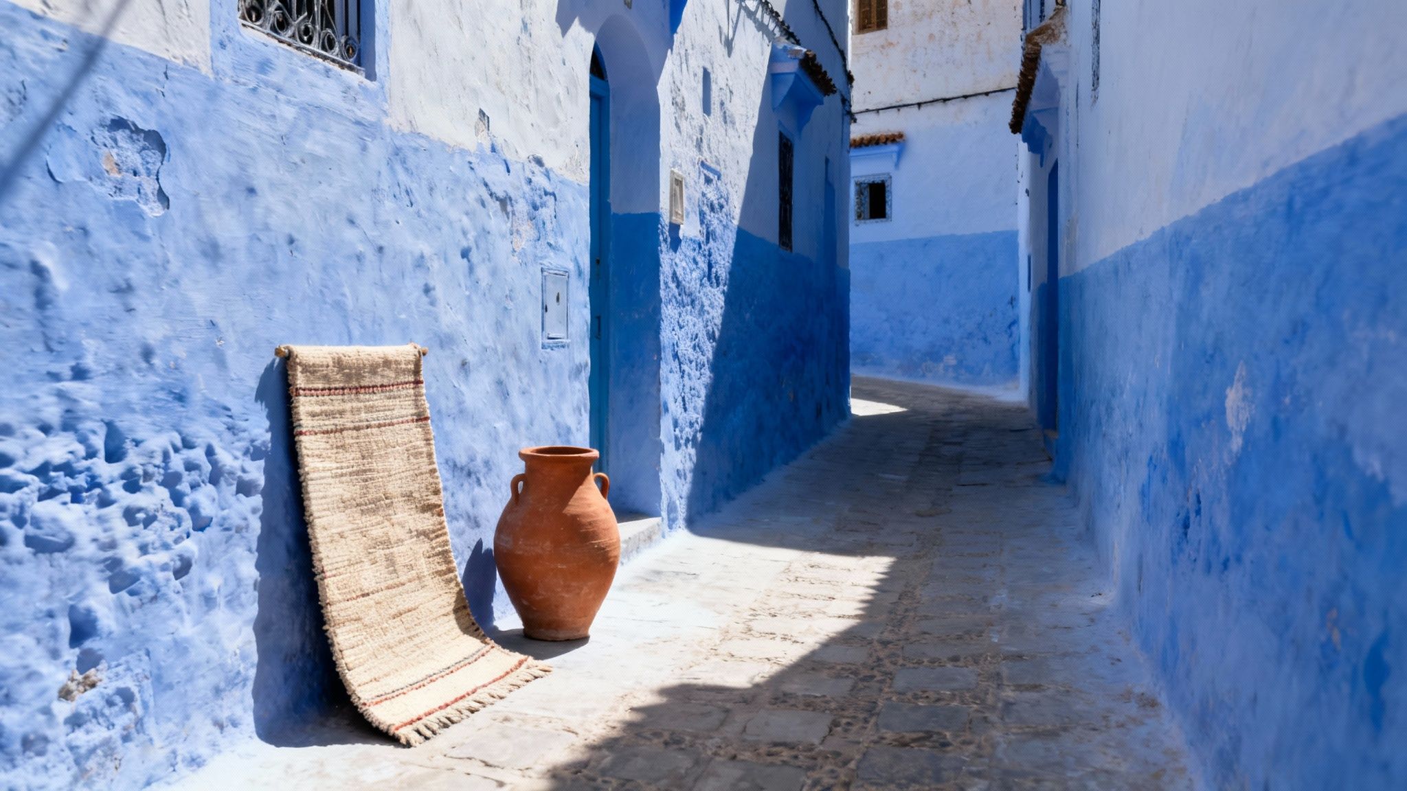 A picturesque blue and white alleyway in a Moroccan town, with a rug and pot.
