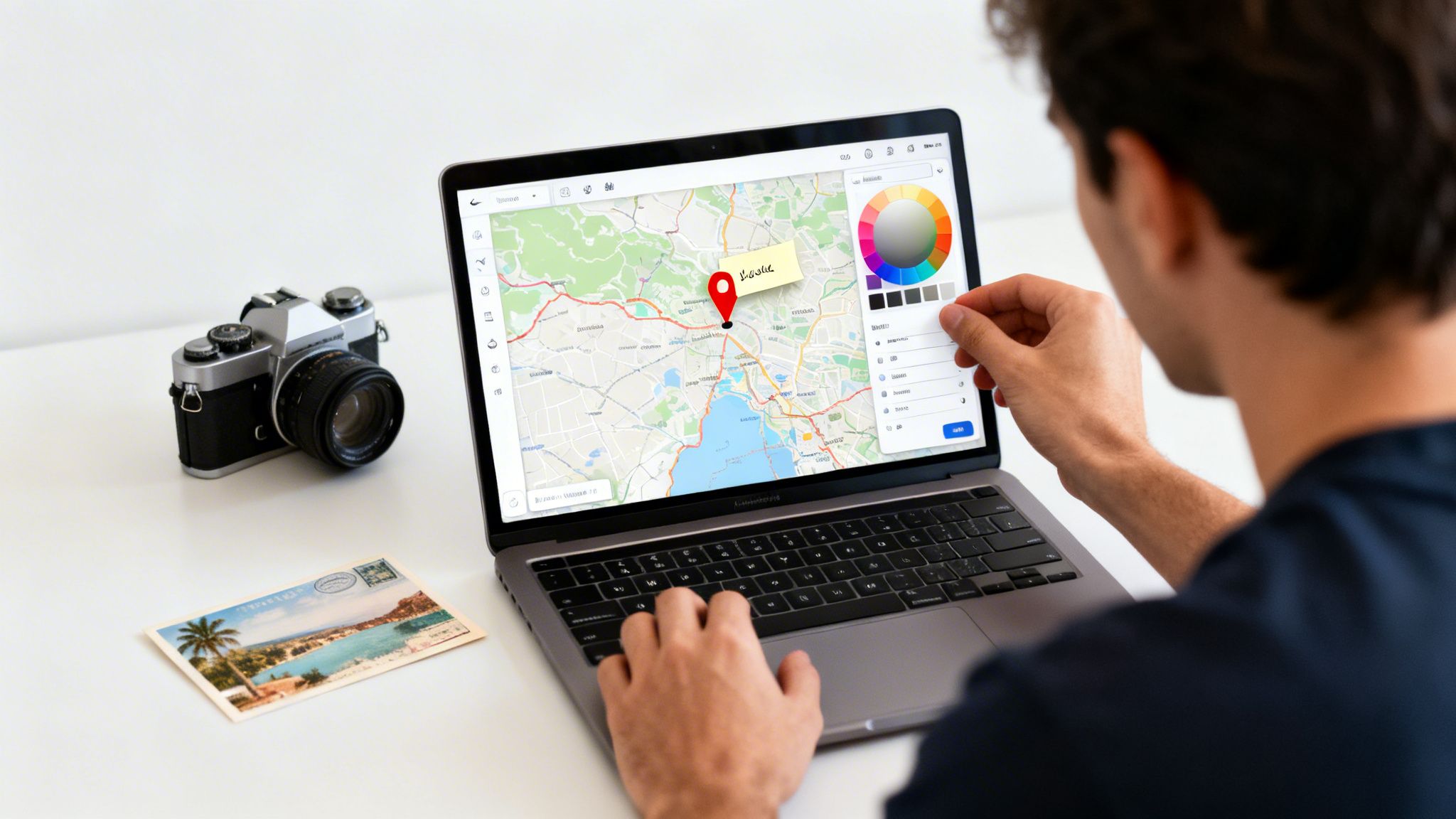 A person uses a laptop to mark a location on an interactive digital map with a camera and postcard nearby.