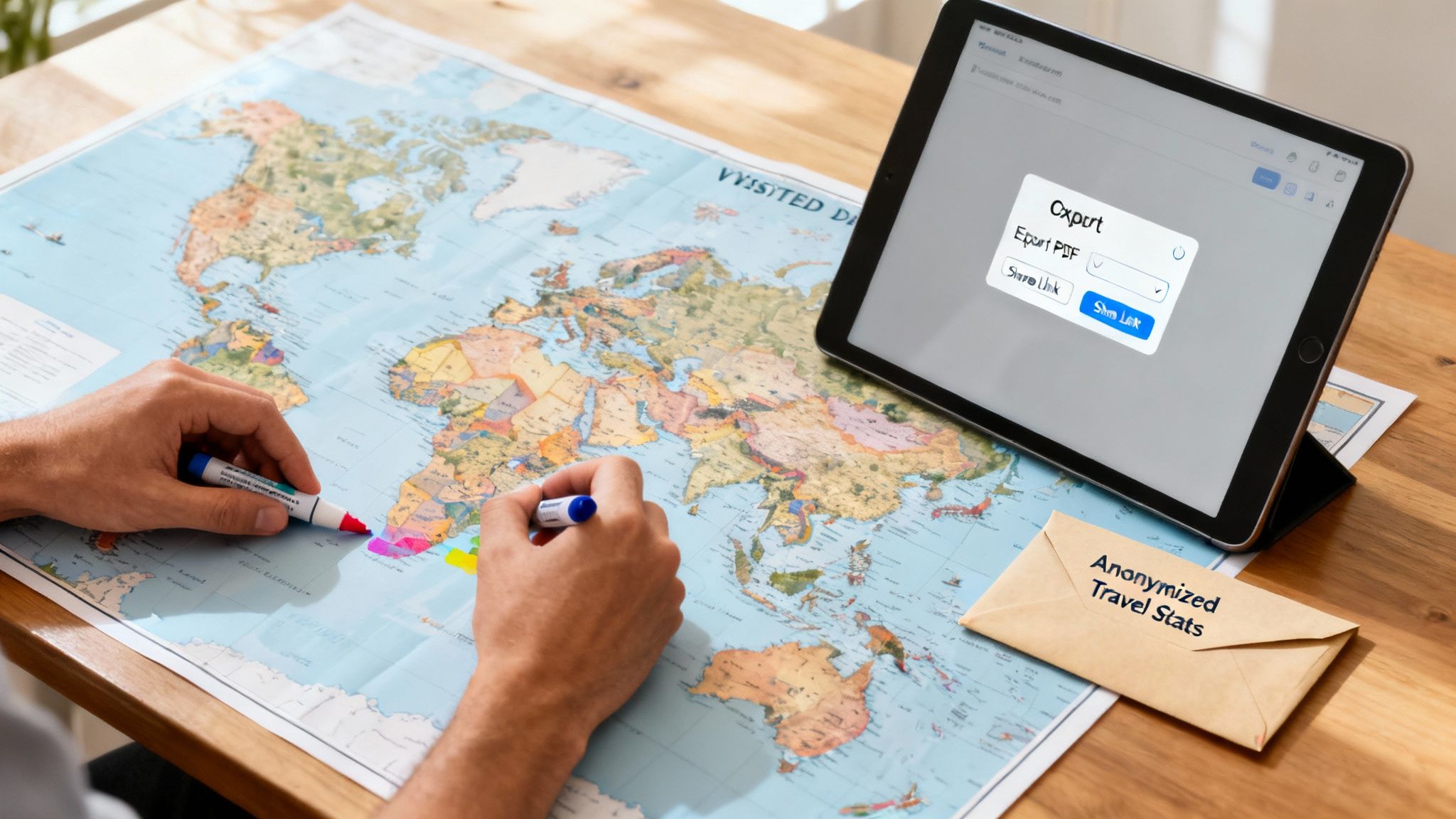 A person marks visited countries on a colorful world map with markers, next to a tablet and a travel stats envelope.