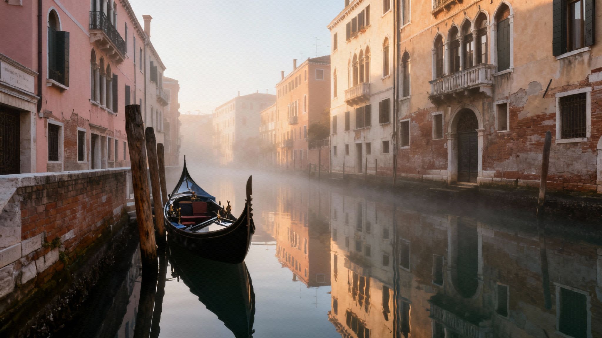 A serene misty morning on a Venetian canal with a parked gondola and historic buildings reflecting in the water.