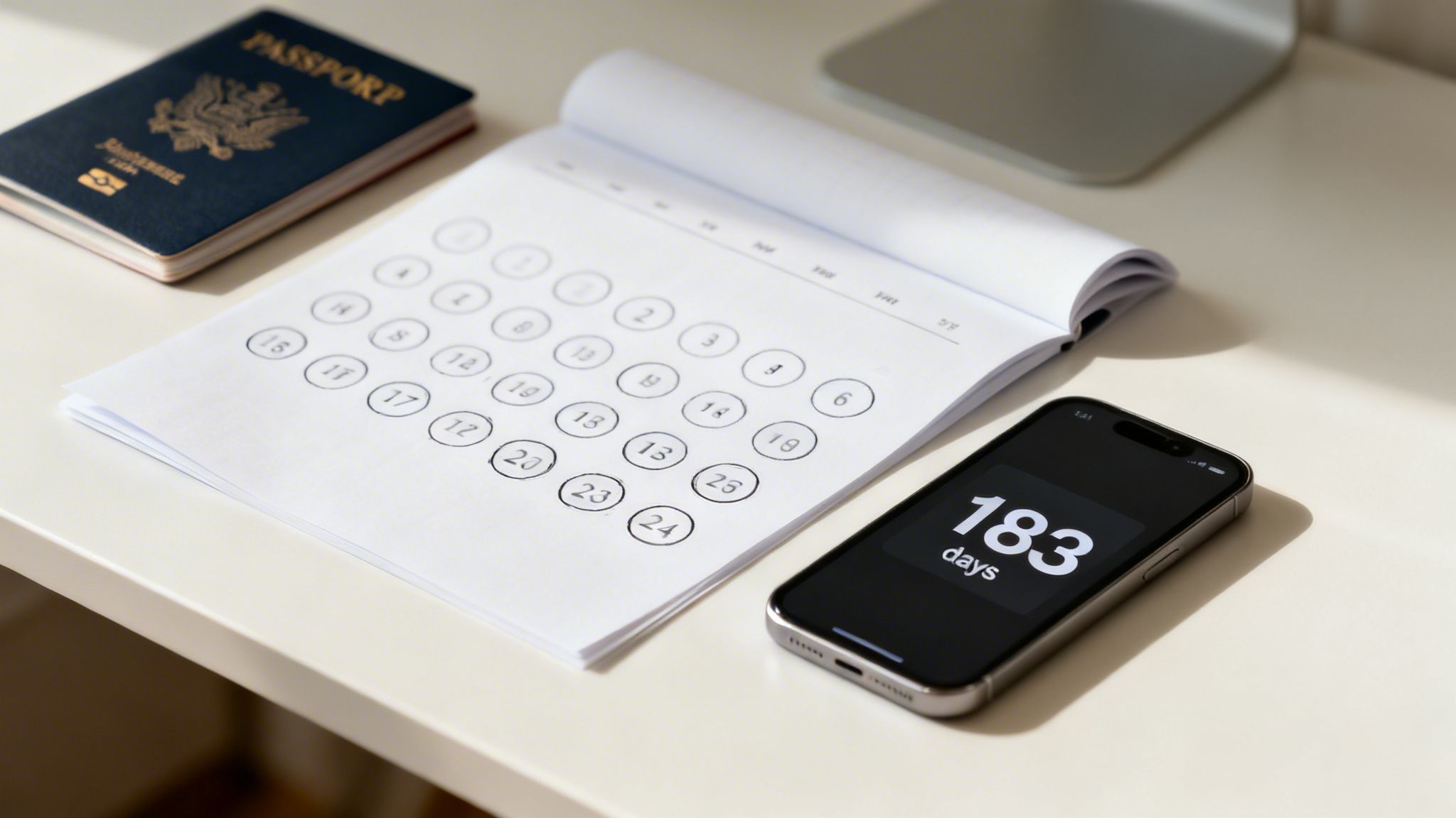 A passport, calendar with circled dates, and a phone showing '183 days' on a desk.