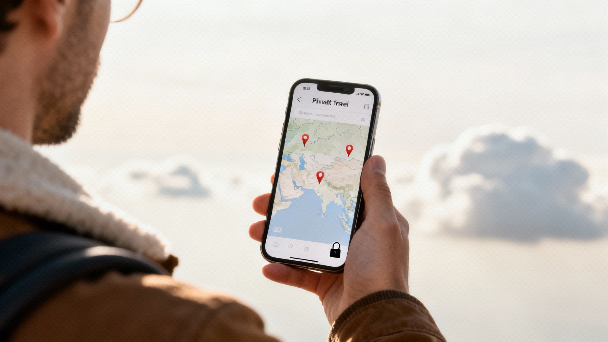 A person holds a smartphone showing a travel map with destination pins, against a bright, cloudy sky.