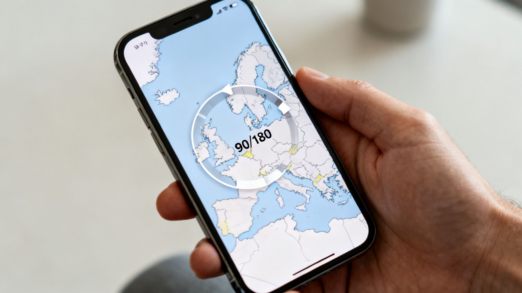 Close-up of a hand holding an iPhone displaying a map of Europe with a 90/180 progress overlay.