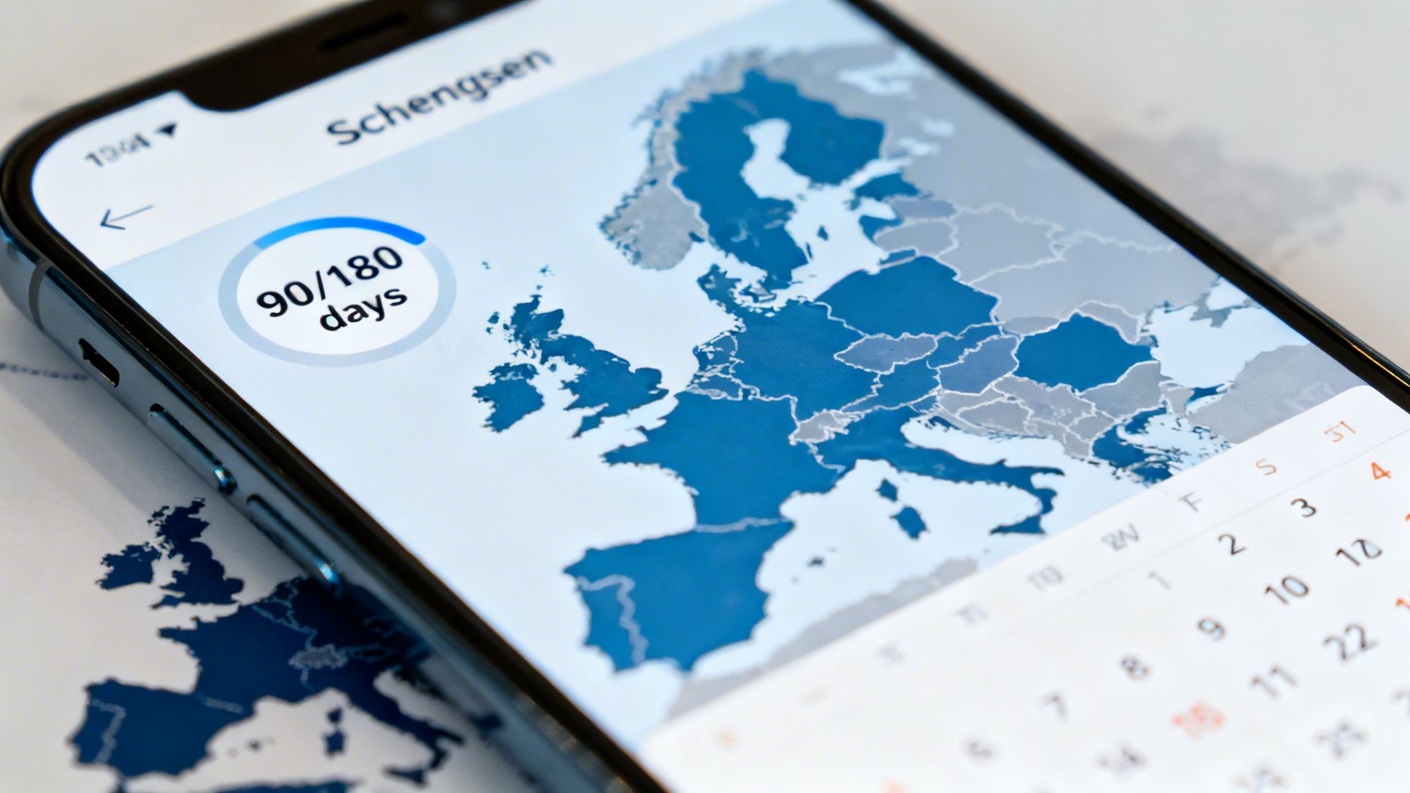 A smartphone screen displaying a travel app with a map of Europe, 'Schengen' title, and '90/180 days' counter.
