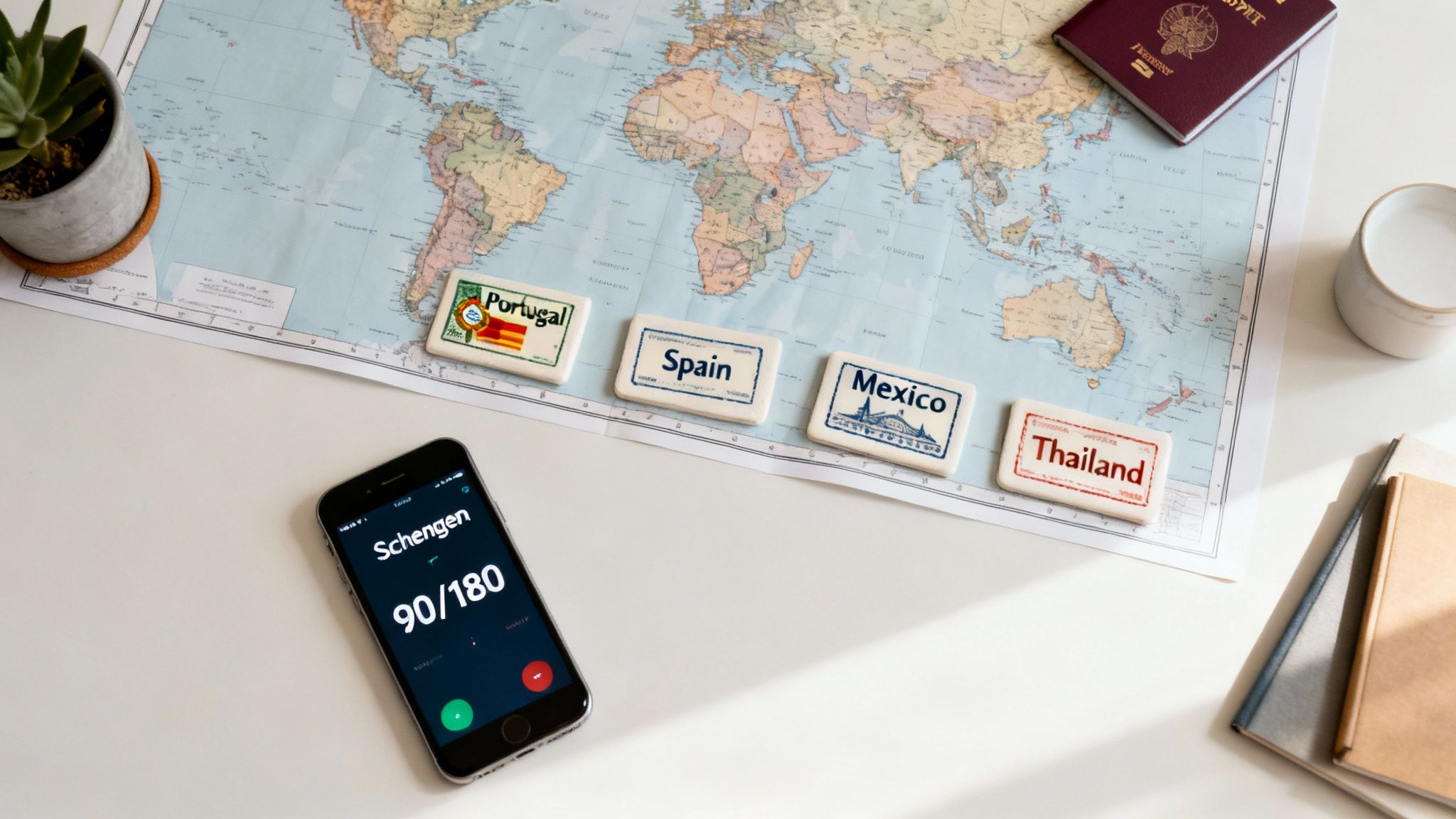 Overhead view of a world map with passport stamps, phone showing visa days, and a passport, symbolizing travel planning.