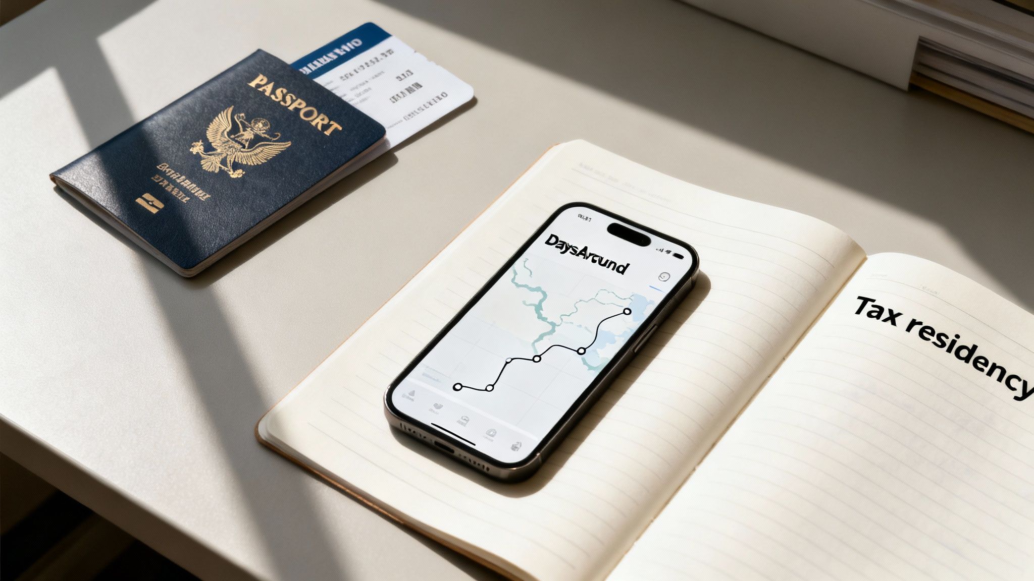 A passport, boarding pass, smartphone with a travel tracking app, and a notebook open to 'Tax residency'.