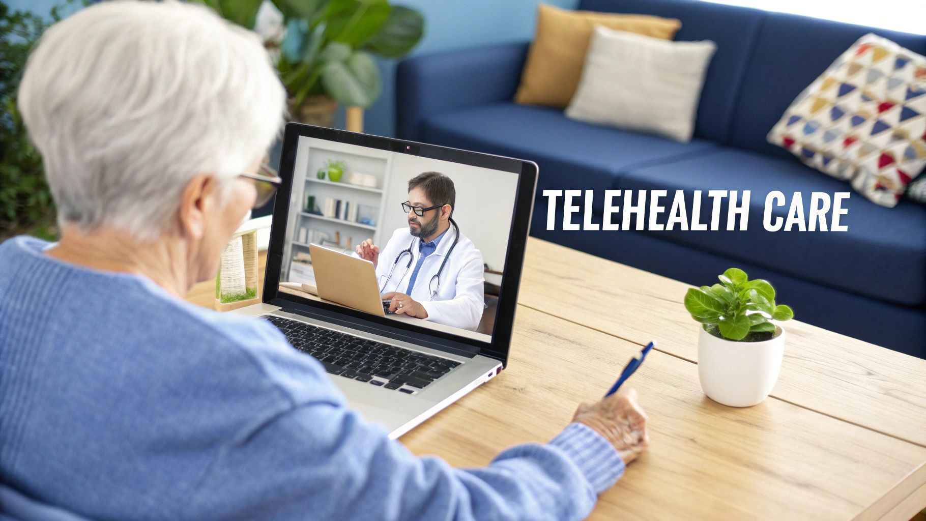 An elderly person uses a laptop for a telehealth video call with a doctor, emphasizing remote medical care.