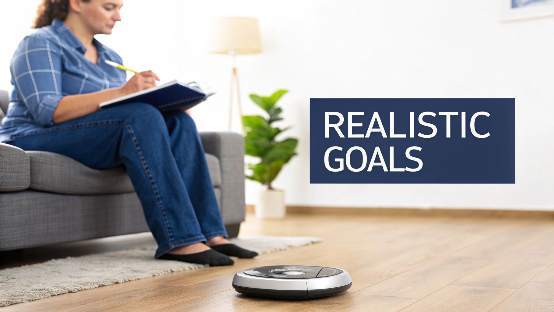 A woman smiles while looking at her reflection in a full-length mirror, feeling confident about her health journey.