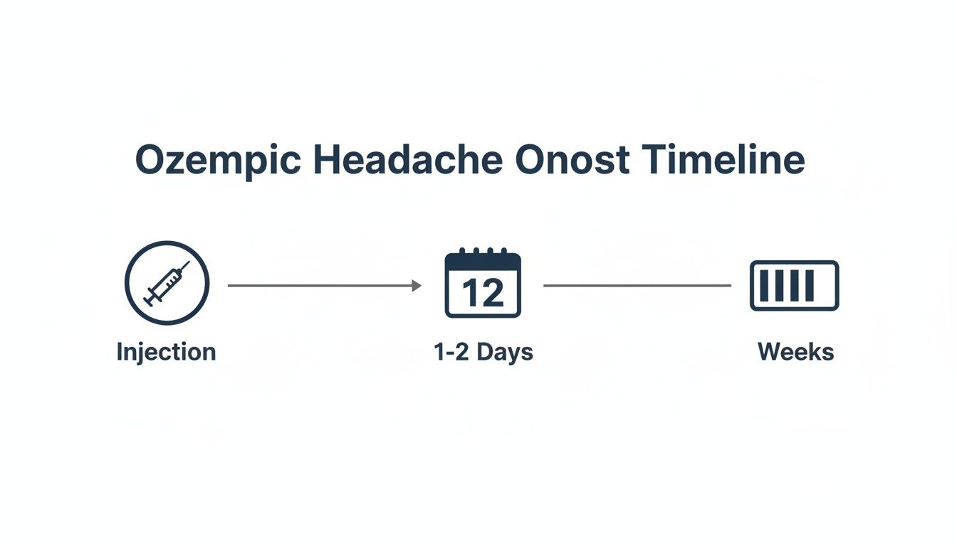 Timeline illustrating Ozempic headache onset, showing symptoms starting 1-2 days after injection and lasting weeks.