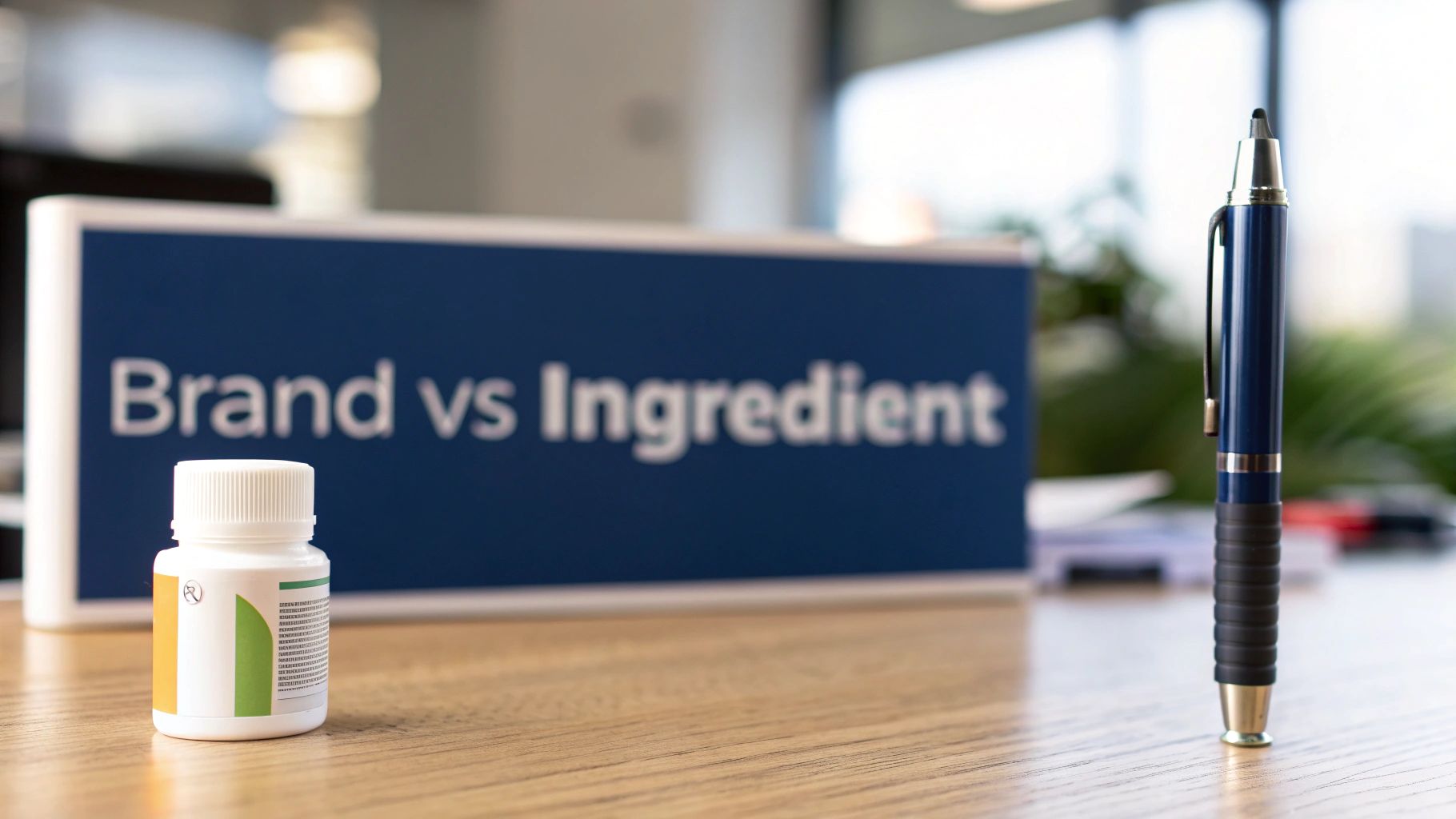 A medication bottle and pen on a wooden desk with a 'Brand vs Ingredient' sign.