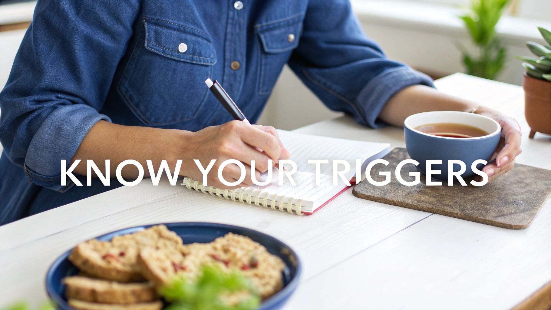 Woman thoughtfully looking at her food, contemplating her eating habits.
