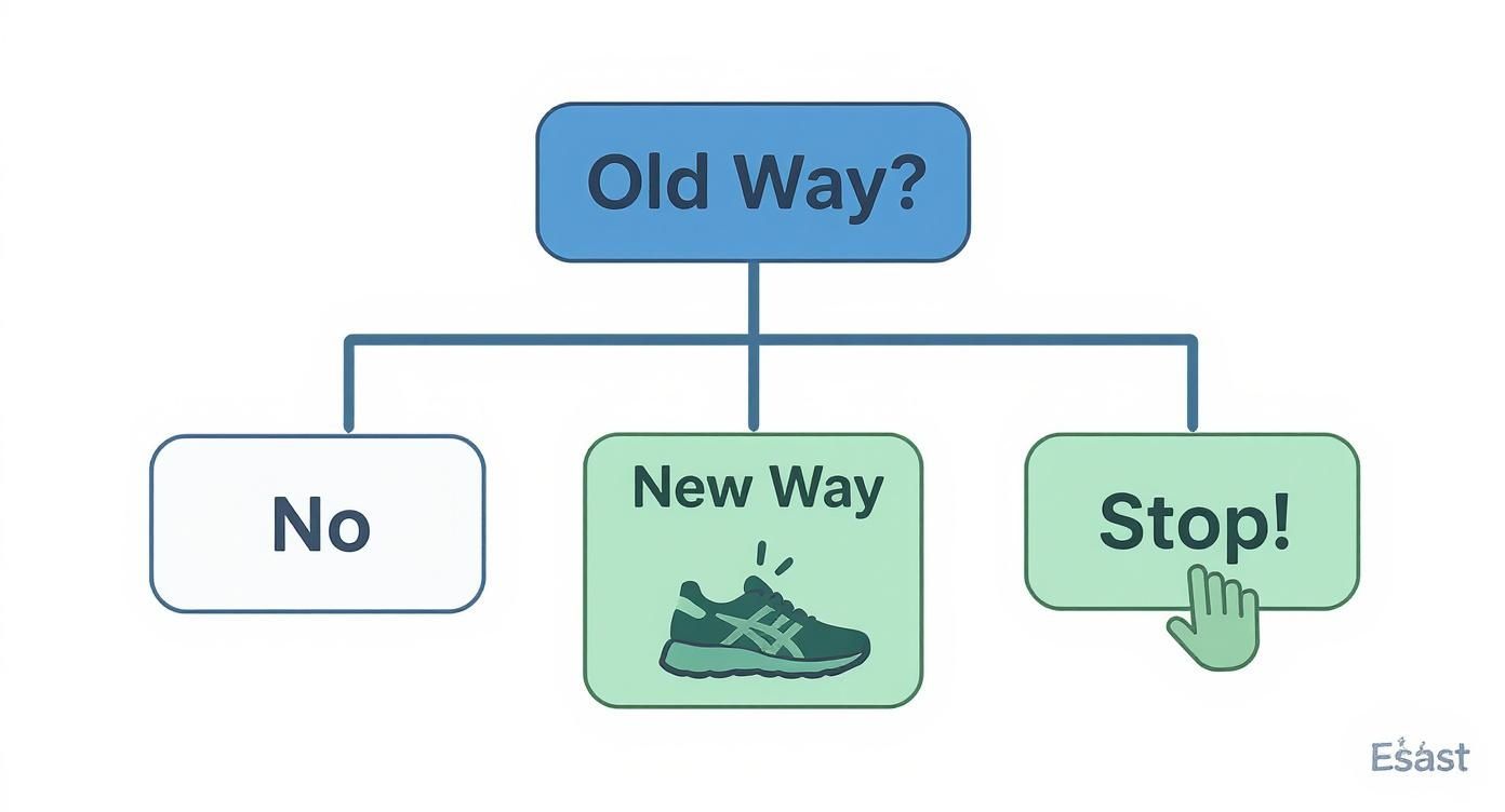 A flowchart illustrates a decision process starting with 'Old Way?', leading to 'No', 'New Way' (with a shoe icon), or 'Stop!' (with a clicking hand).