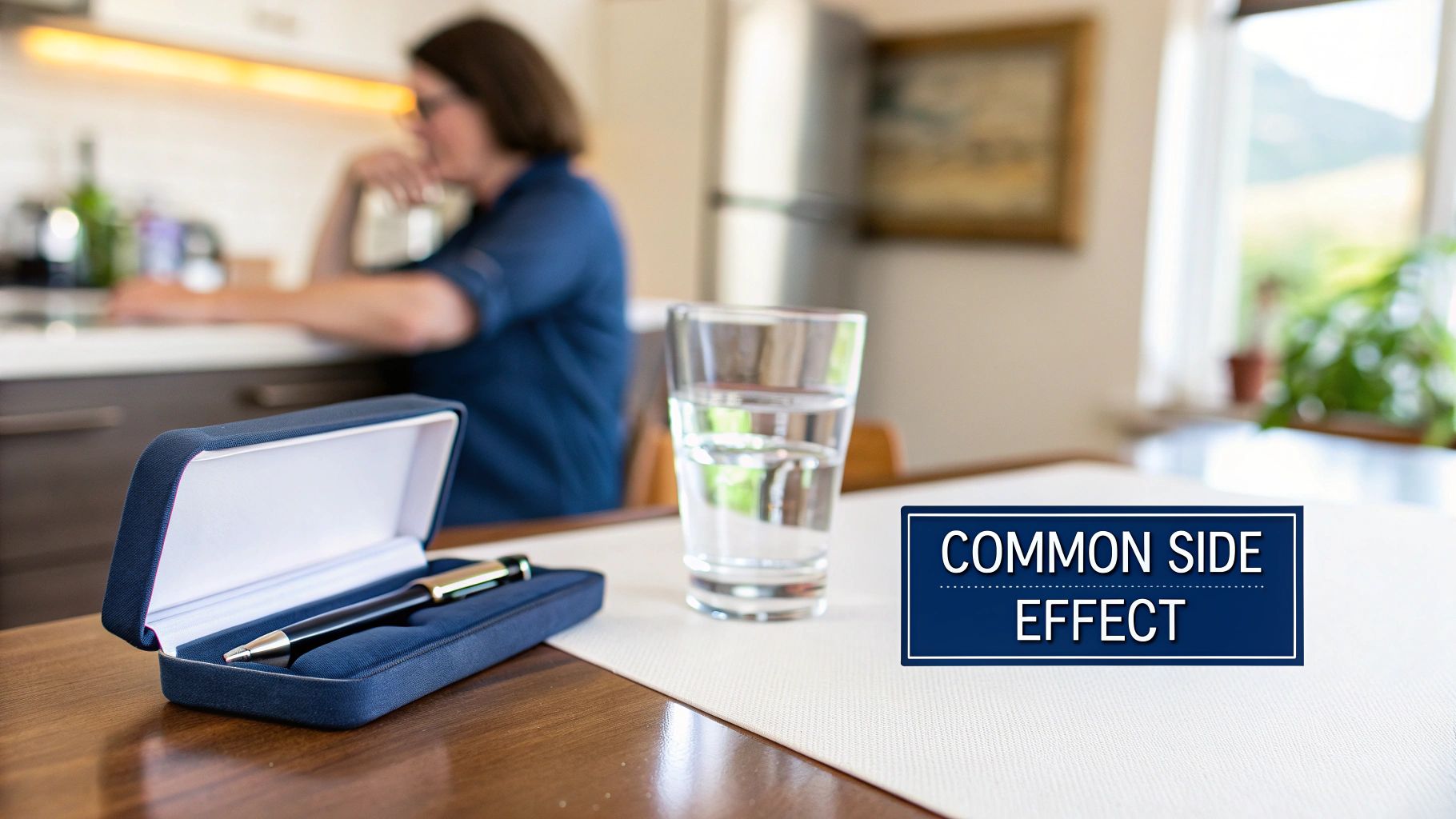 A pen in a blue case, a glass of water, and a 'COMMON SIDE EFFECT' text box on a table.