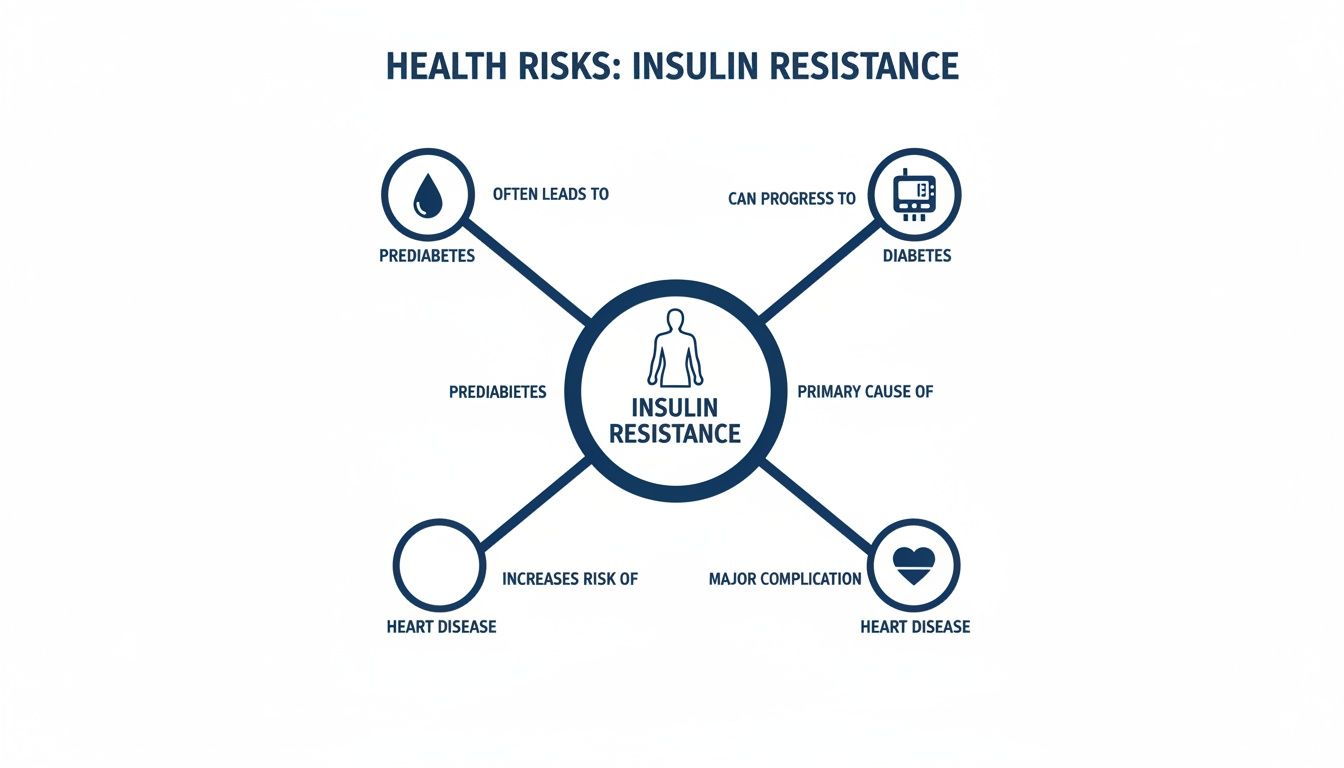 Infographic illustrating insulin resistance health risks including prediabetes, diabetes, and heart disease.